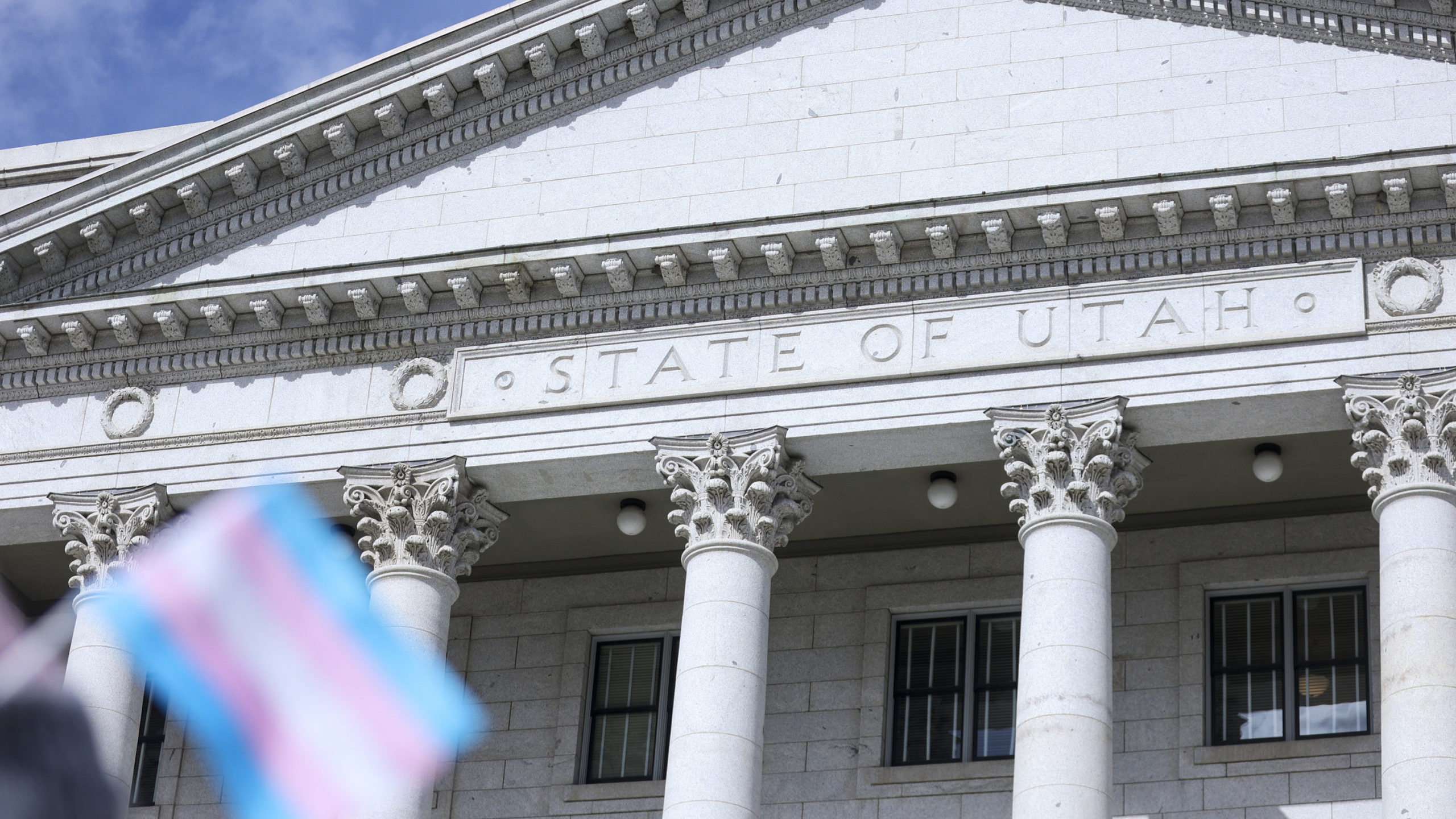 A transgender flag is pictured in front of the Capitol in Salt Lake City on Friday, Feb. 25, 2022, ...