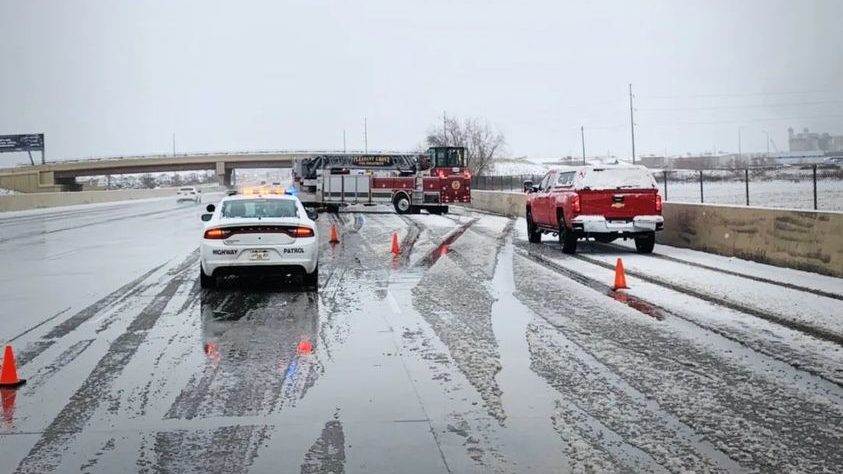 A single-car crash on snowy I-15 in Utah County near Pleasant Grove Boulevard on Sunday morning. Ph...