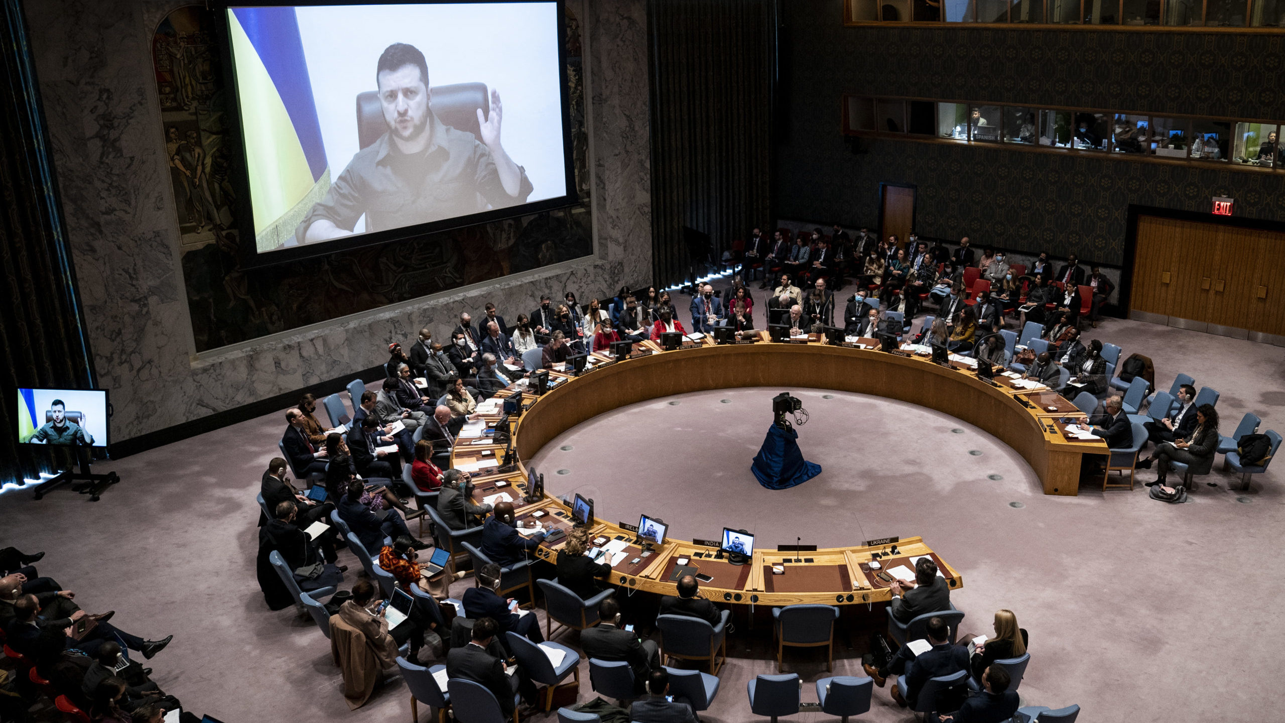 Ukrainian President Volodymyr Zelenskyy speaks via remote feed during a meeting of the UN Security ...