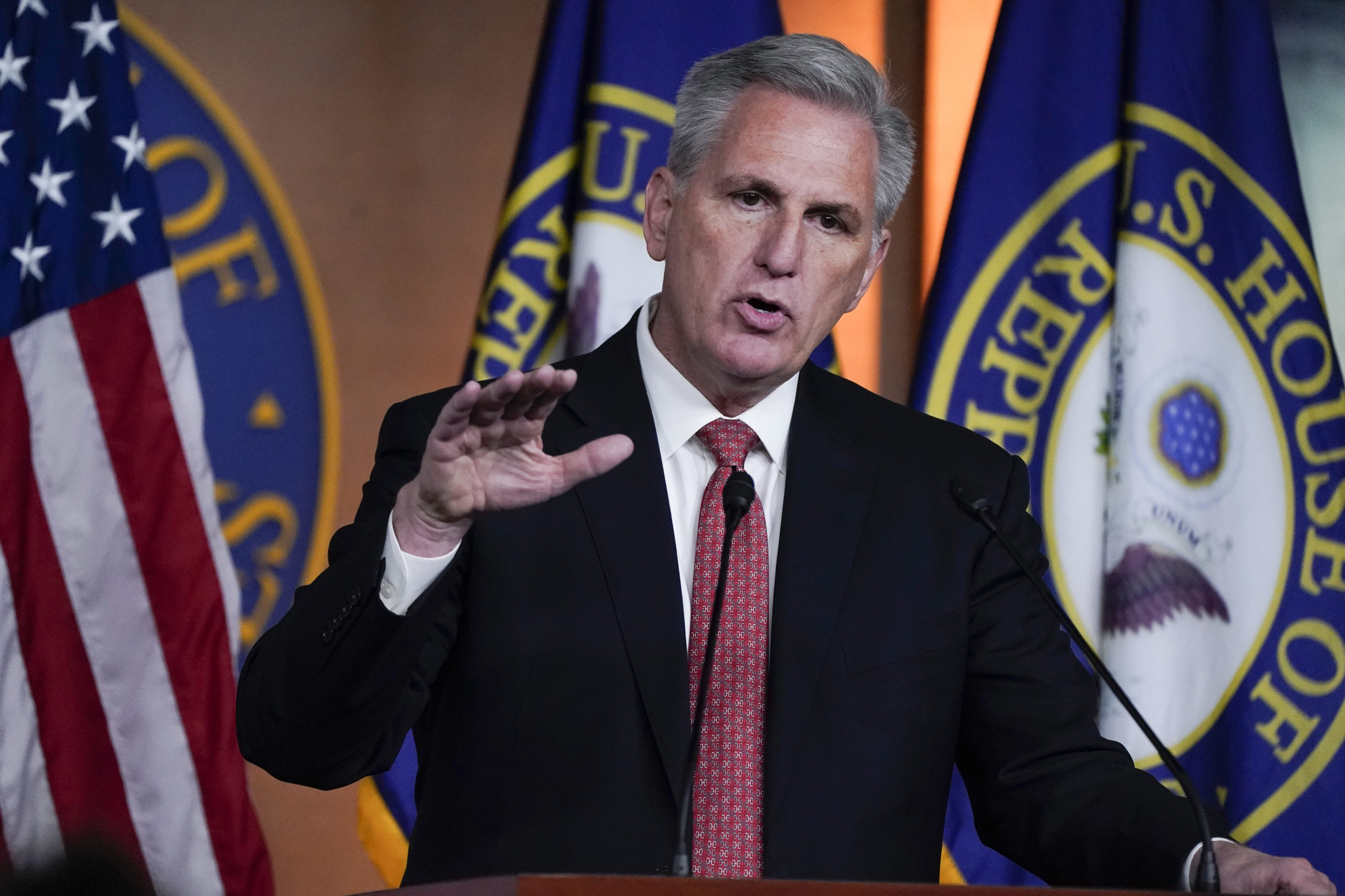 FILE - House Minority Leader Kevin McCarthy, R-Calif., responds to reporters at the Capitol in Wash...