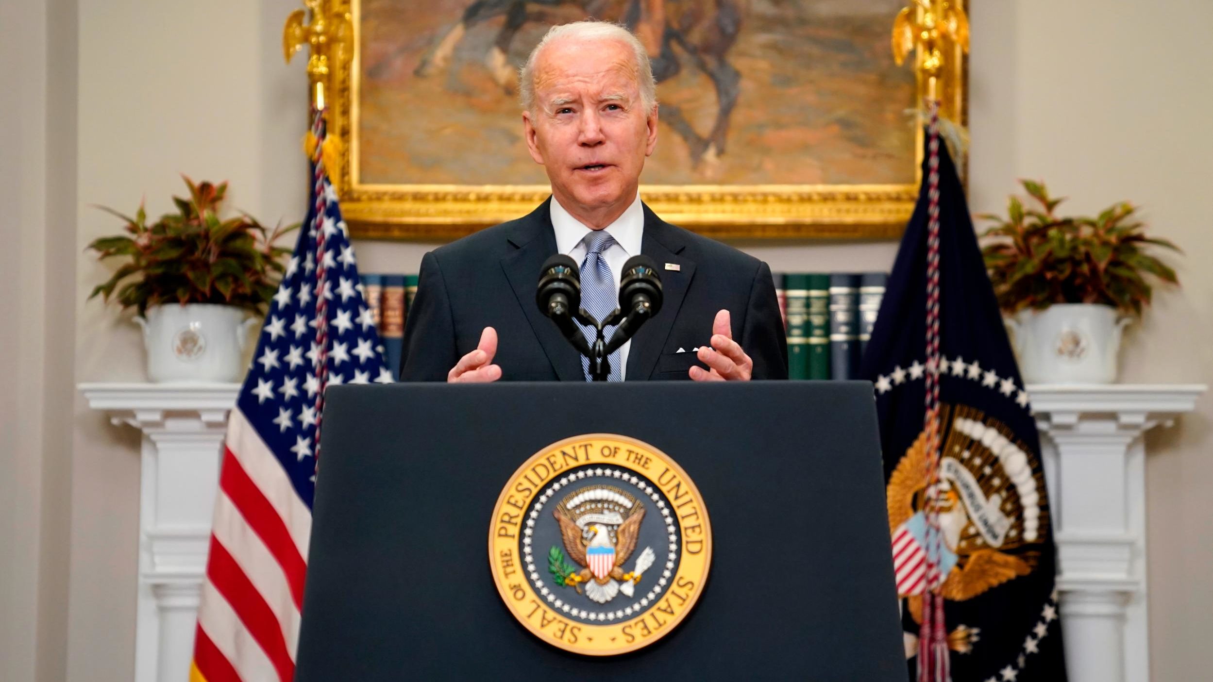President Joe Biden delivers remarks on the Russian invasion of Ukraine, in the Roosevelt Room of t...