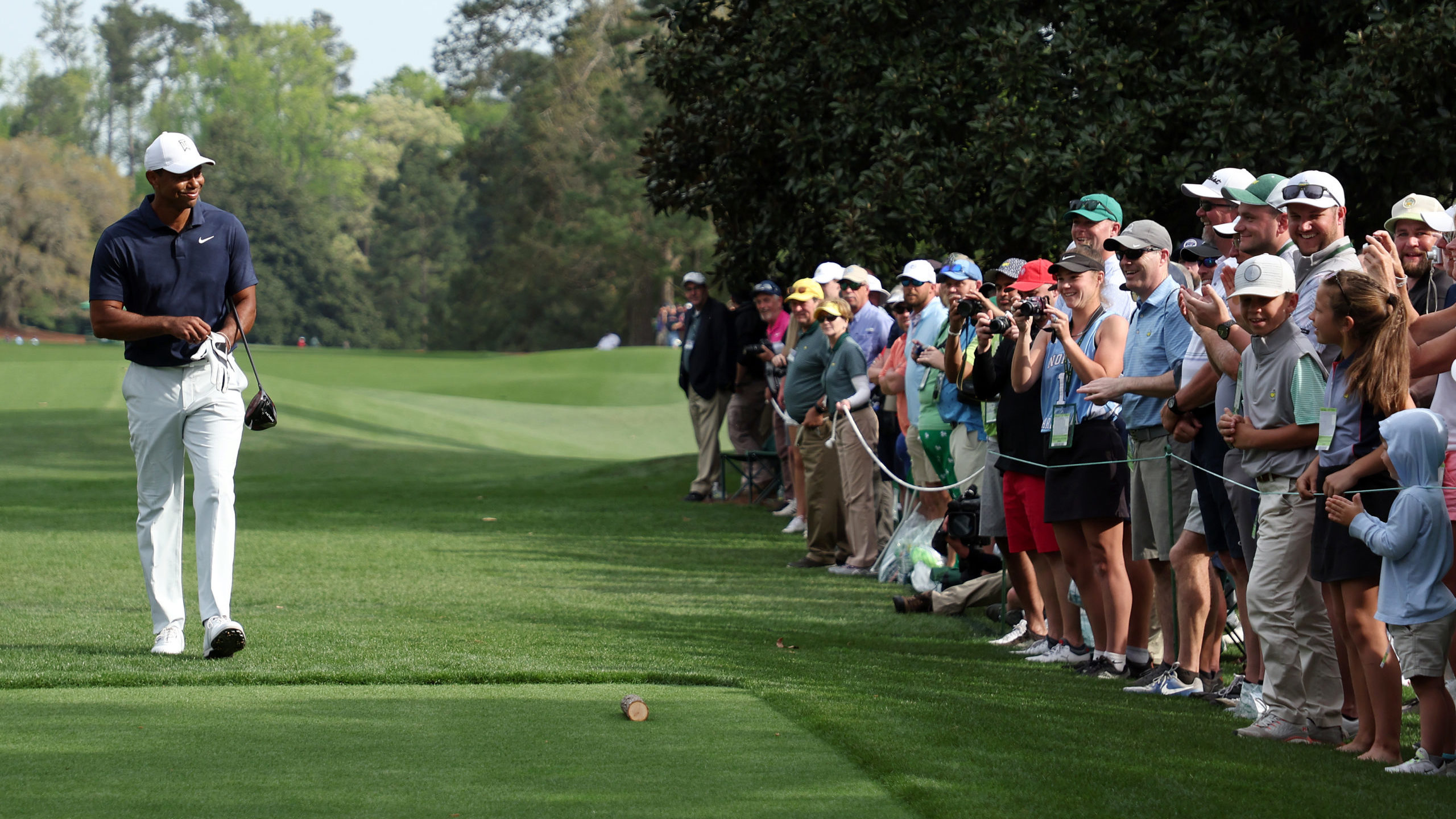 AUGUSTA, GEORGIA - APRIL 04: Tiger Woods of the United States walks to the ninth tee during a pract...