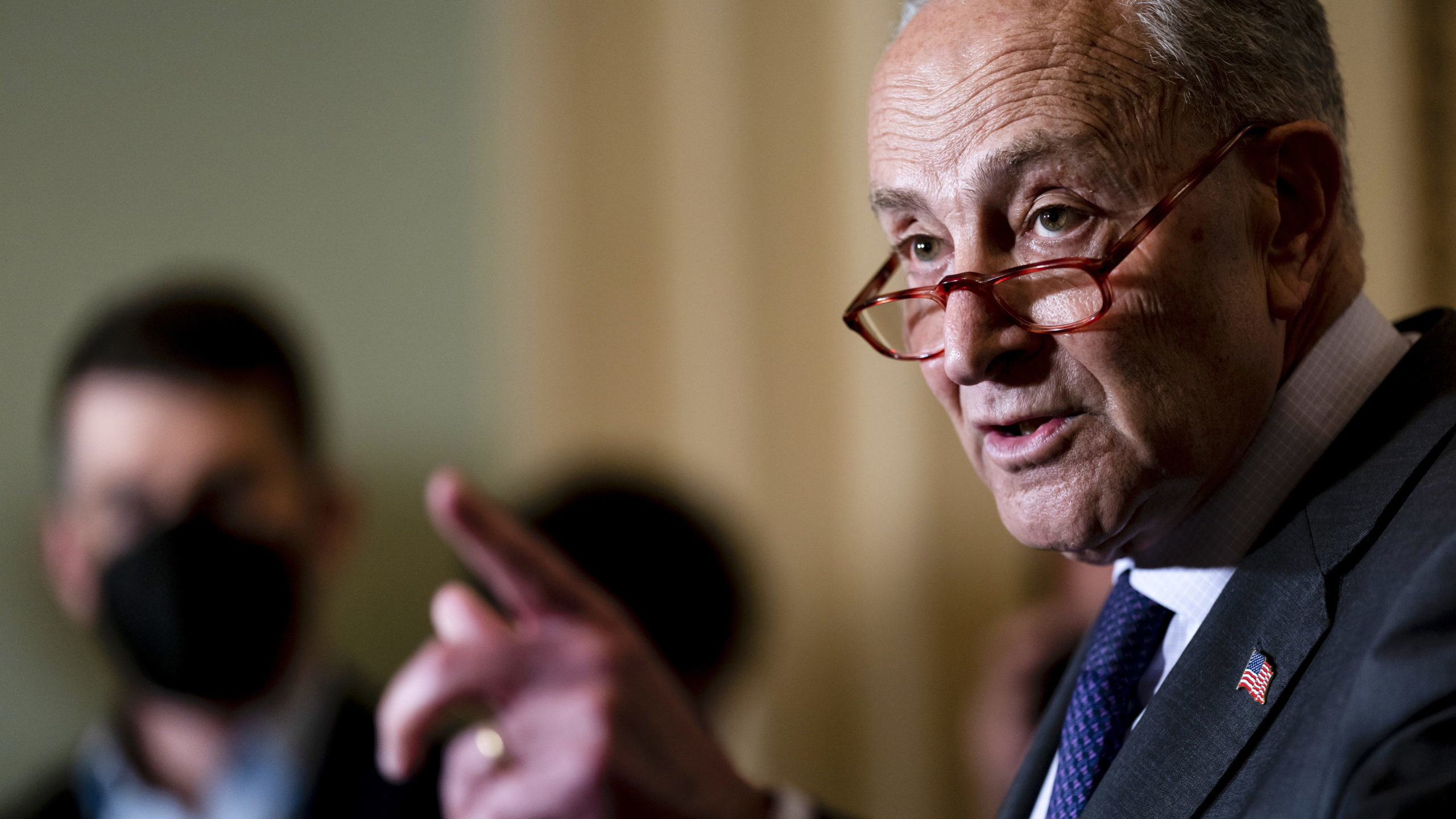Senate Majority Leader Chuck Schumer, D-N.Y., meets with reporters at the Capitol in Washington, We...