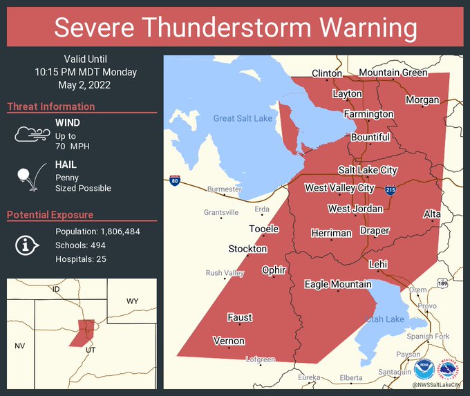 The National Weather Service issued a severe thunderstorm for Salt Lake and Davis counties through ...