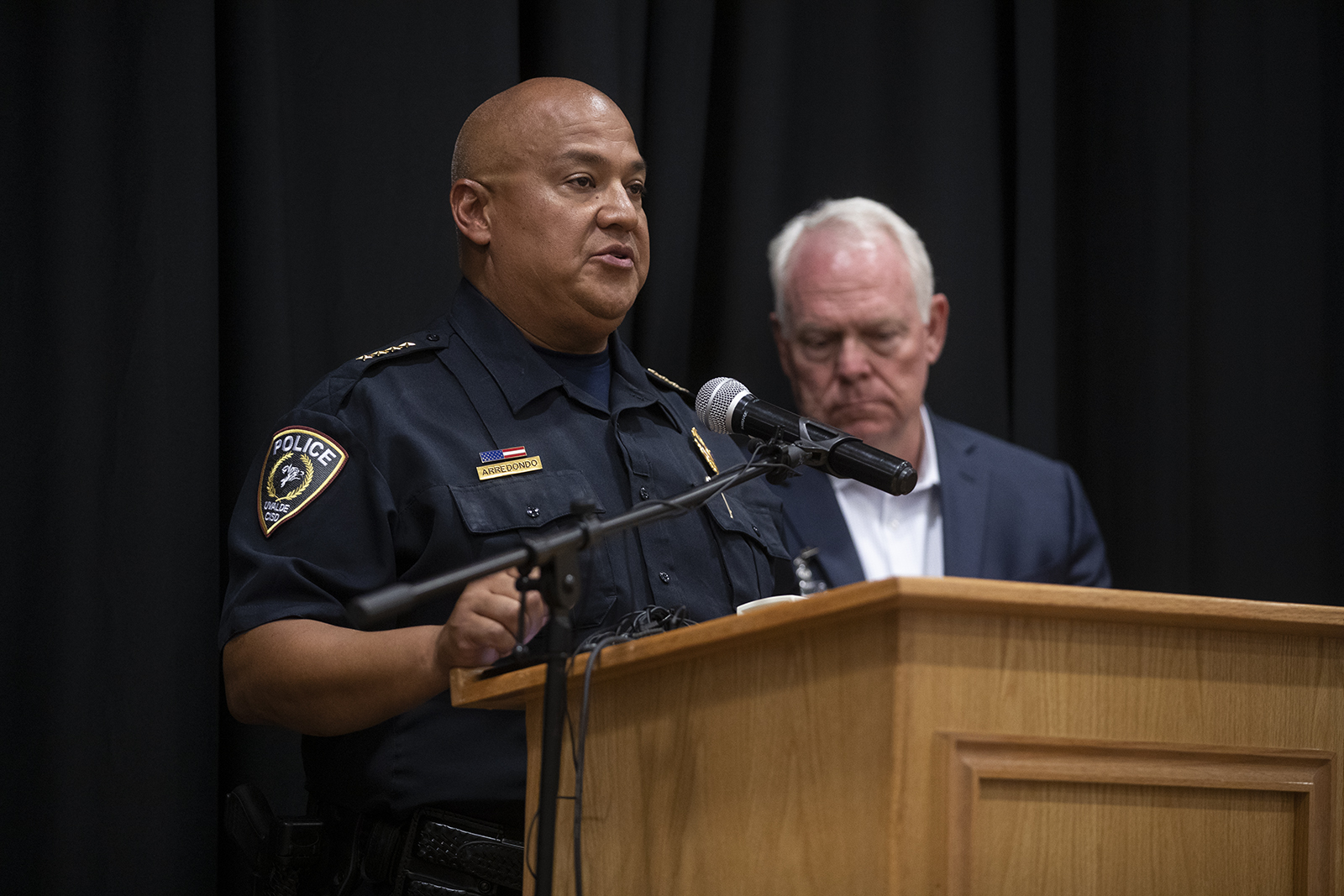 May 24, 2022; Uvalde, TX, USA; Uvalde police chief Pete Arredondo speaks at a press conference foll...