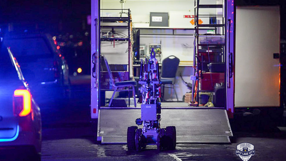 Salt Lake City Police Department bomb squad robot in the back of a van....