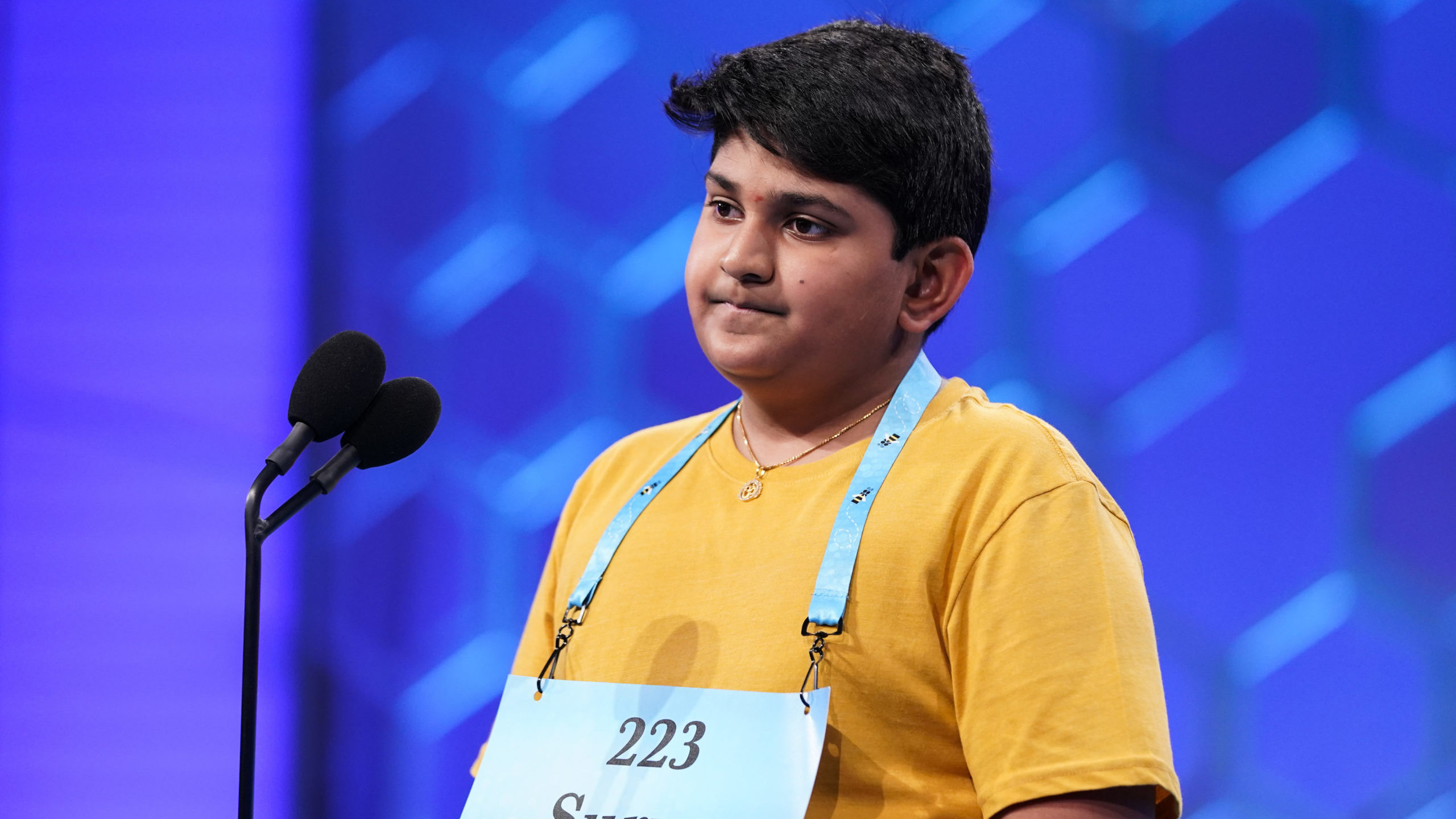 Surya Kapu, 13, from South Jordan, Utah, competes during the Scripps National Spelling Bee, Wednesd...