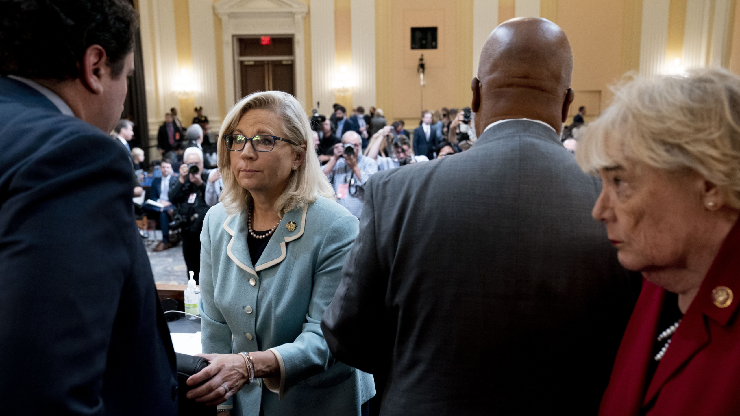 Chairman Bennie Thompson, D-Miss., second from right, Vice Chair Liz Cheney, R-Wyo., second from le...