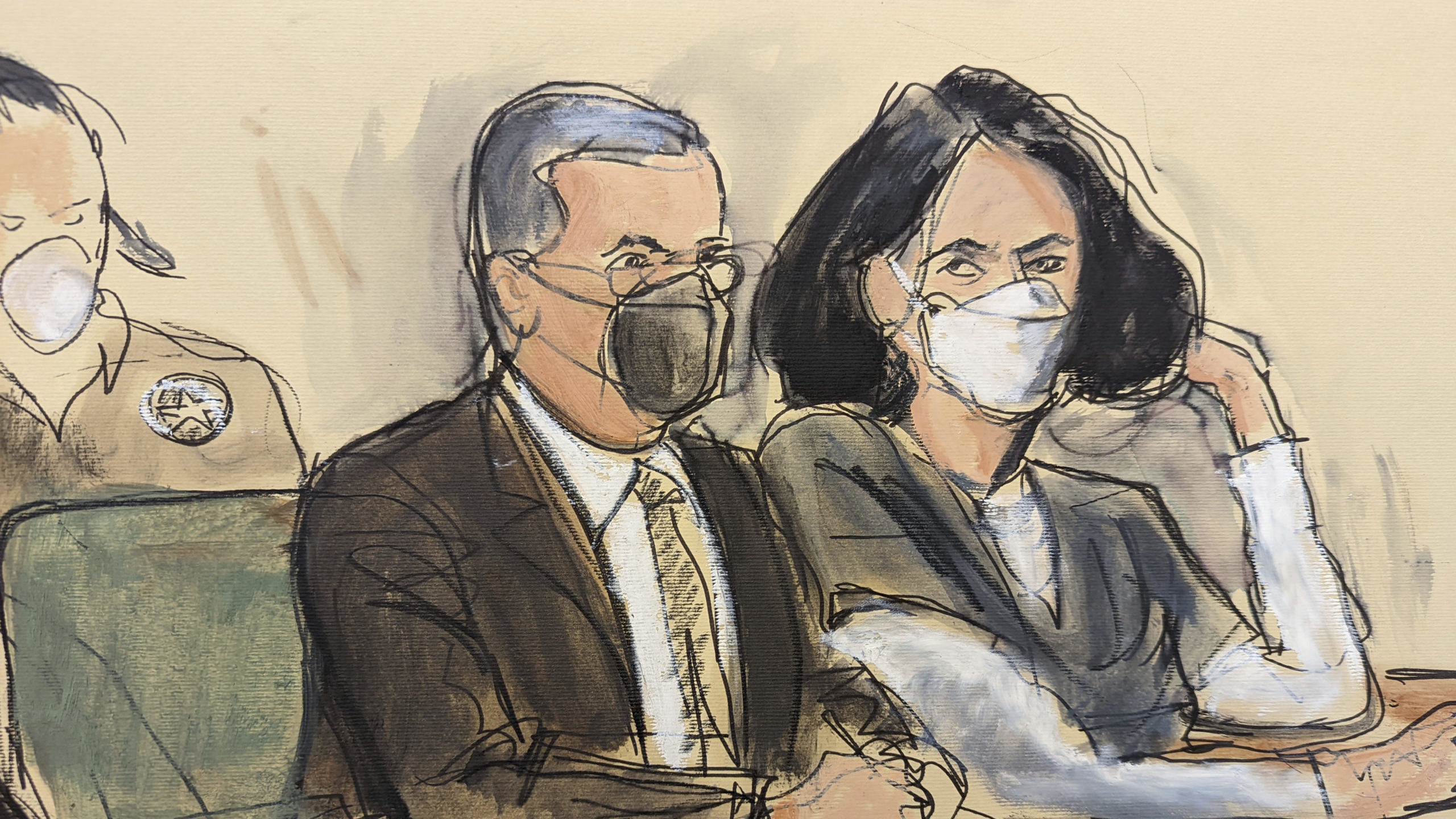 In this courtroom sketch, Ghislaine Maxwell, right, is seated beside her attorney, Christian Everde...