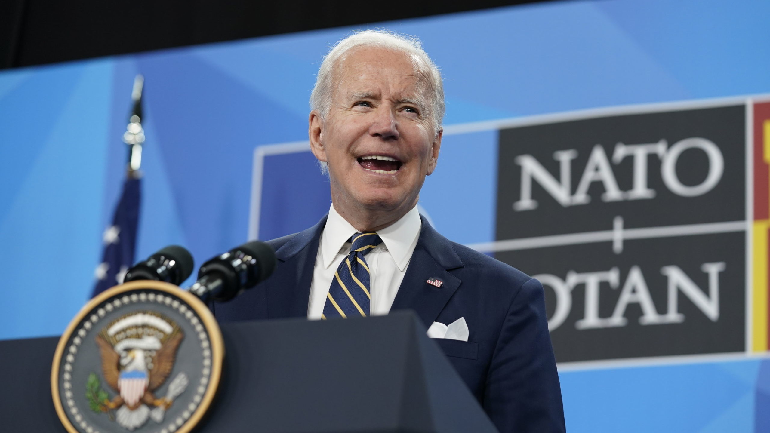 President Joe Biden speaks during a news conference on the final day of the NATO summit in Madrid, ...