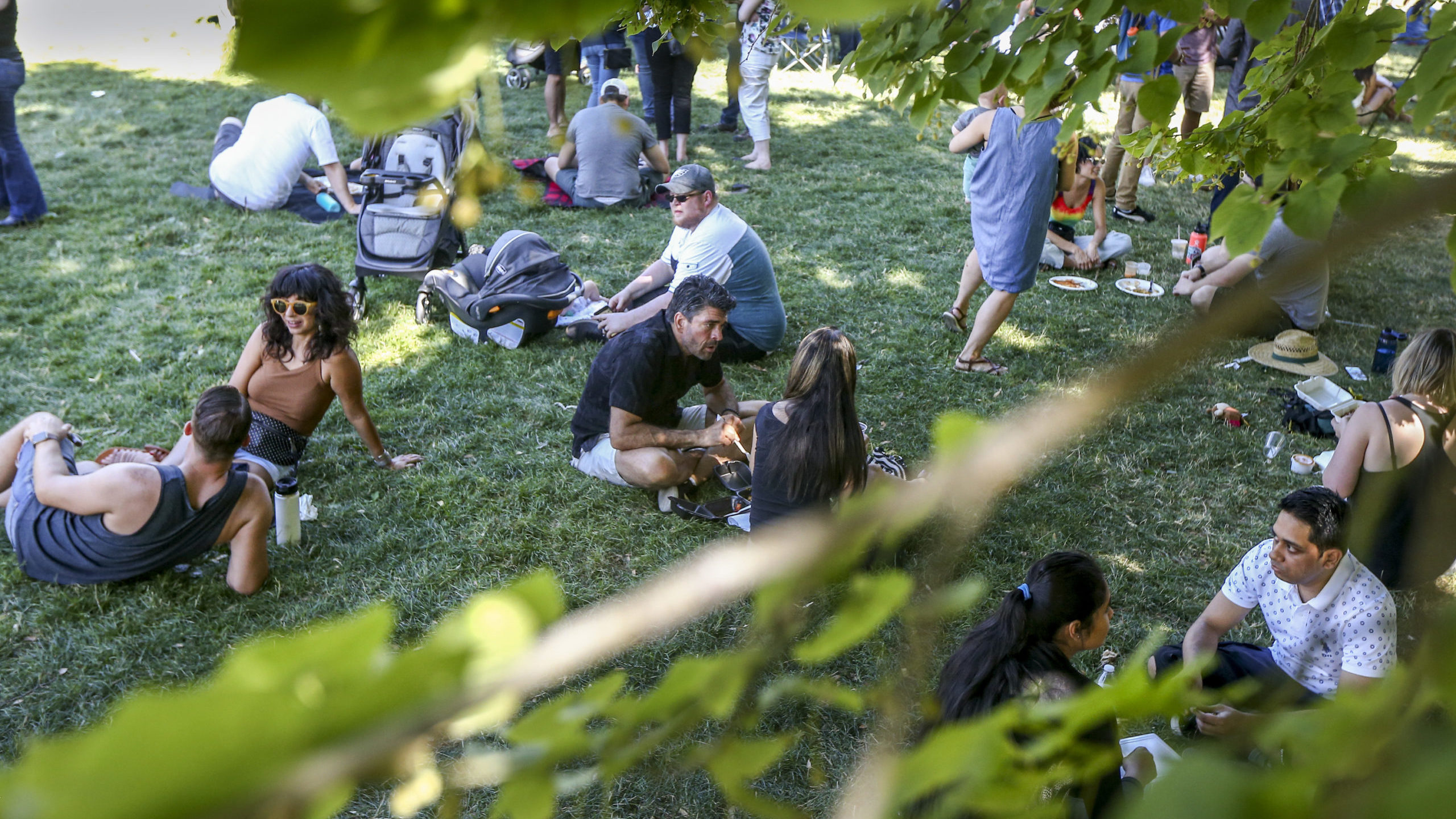 People sit in the shade of a tree. A heatwave is expected to hit Utah this week, shade and water wi...