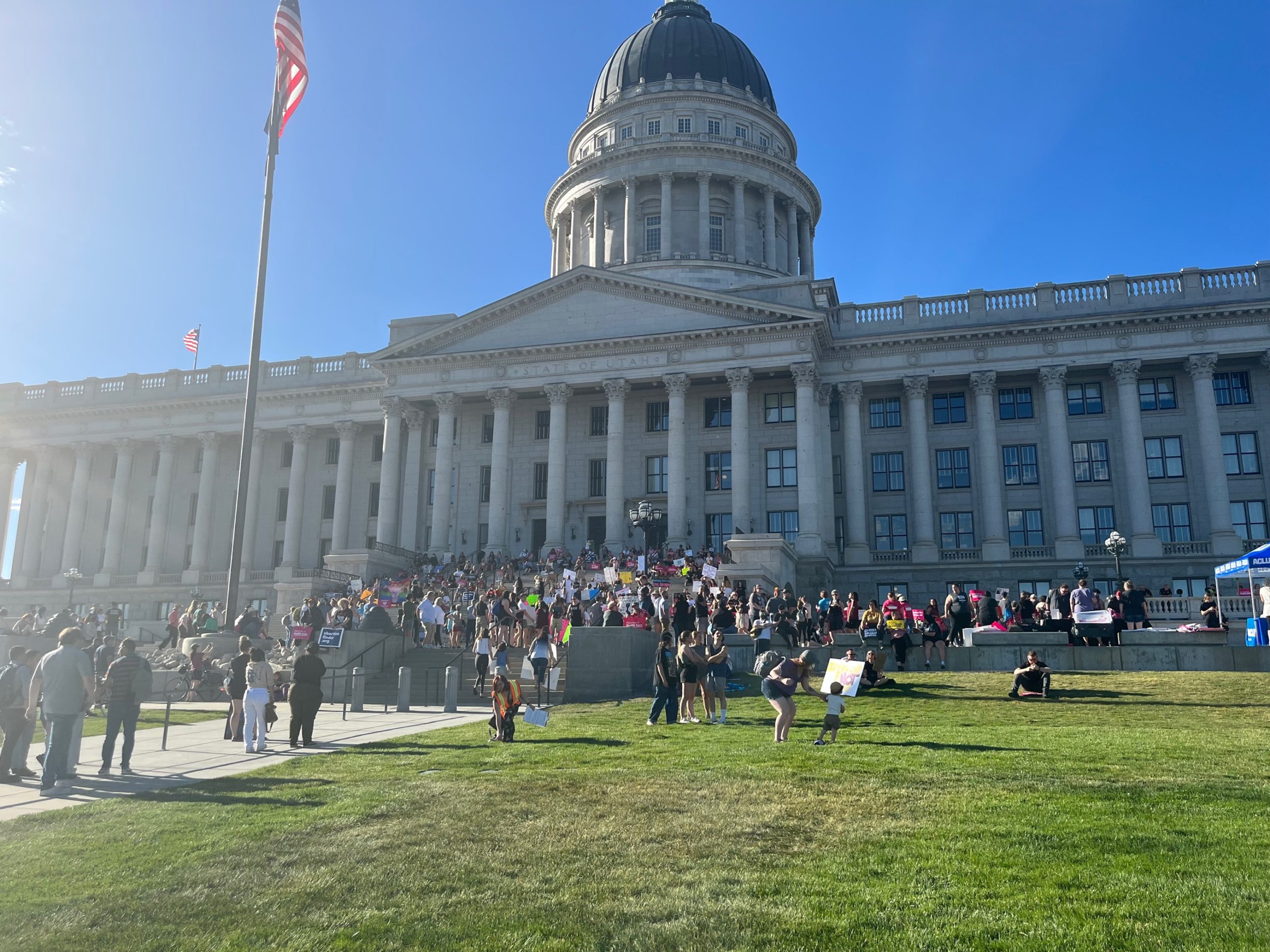 A crowd gathers in front of the Utah State Capitol on Friday, June 24, 2022, to protest the U.S. Su...