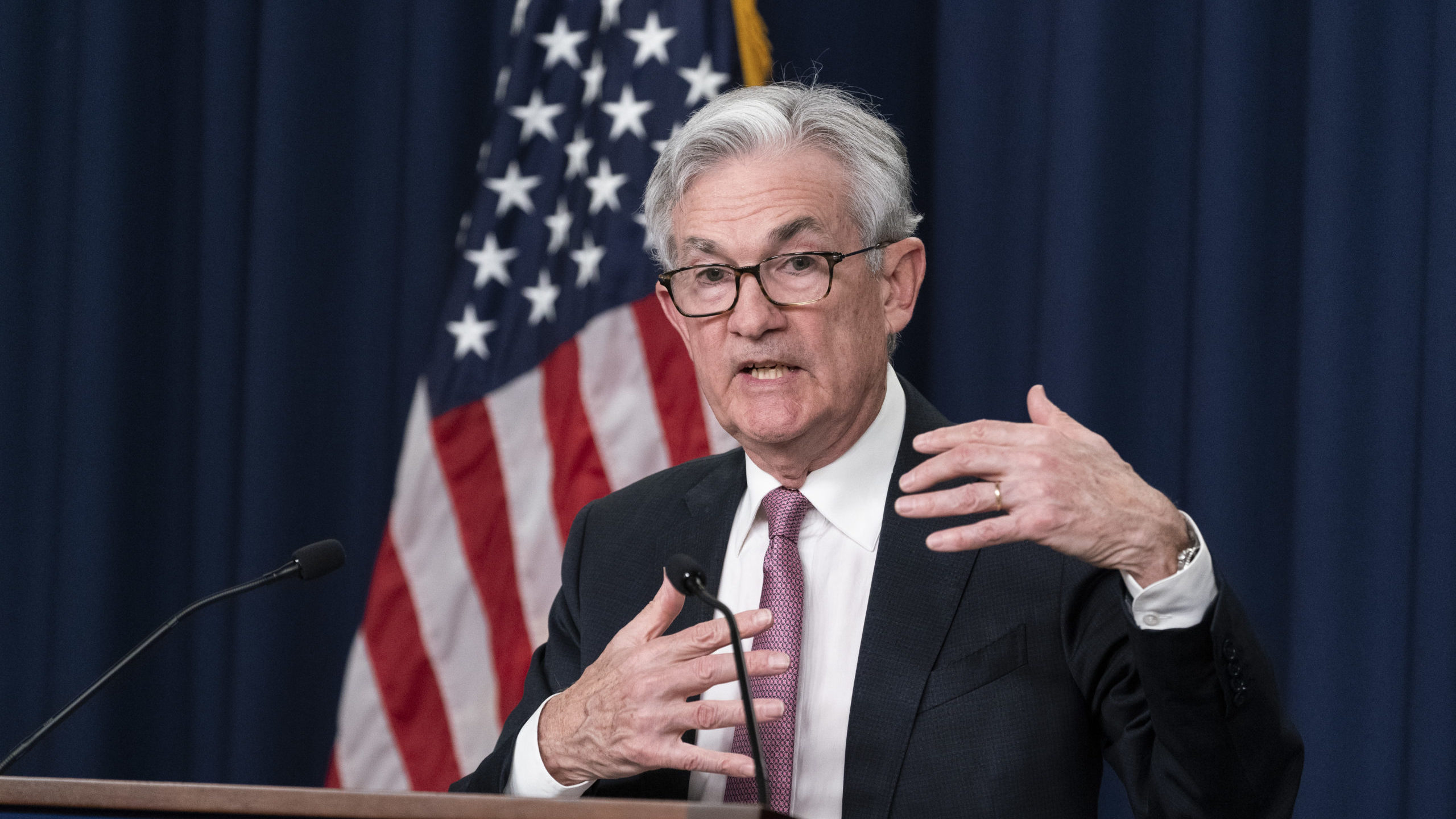FILE - Federal Reserve Board Chair Jerome Powell speaks during a news conference at the Federal Res...