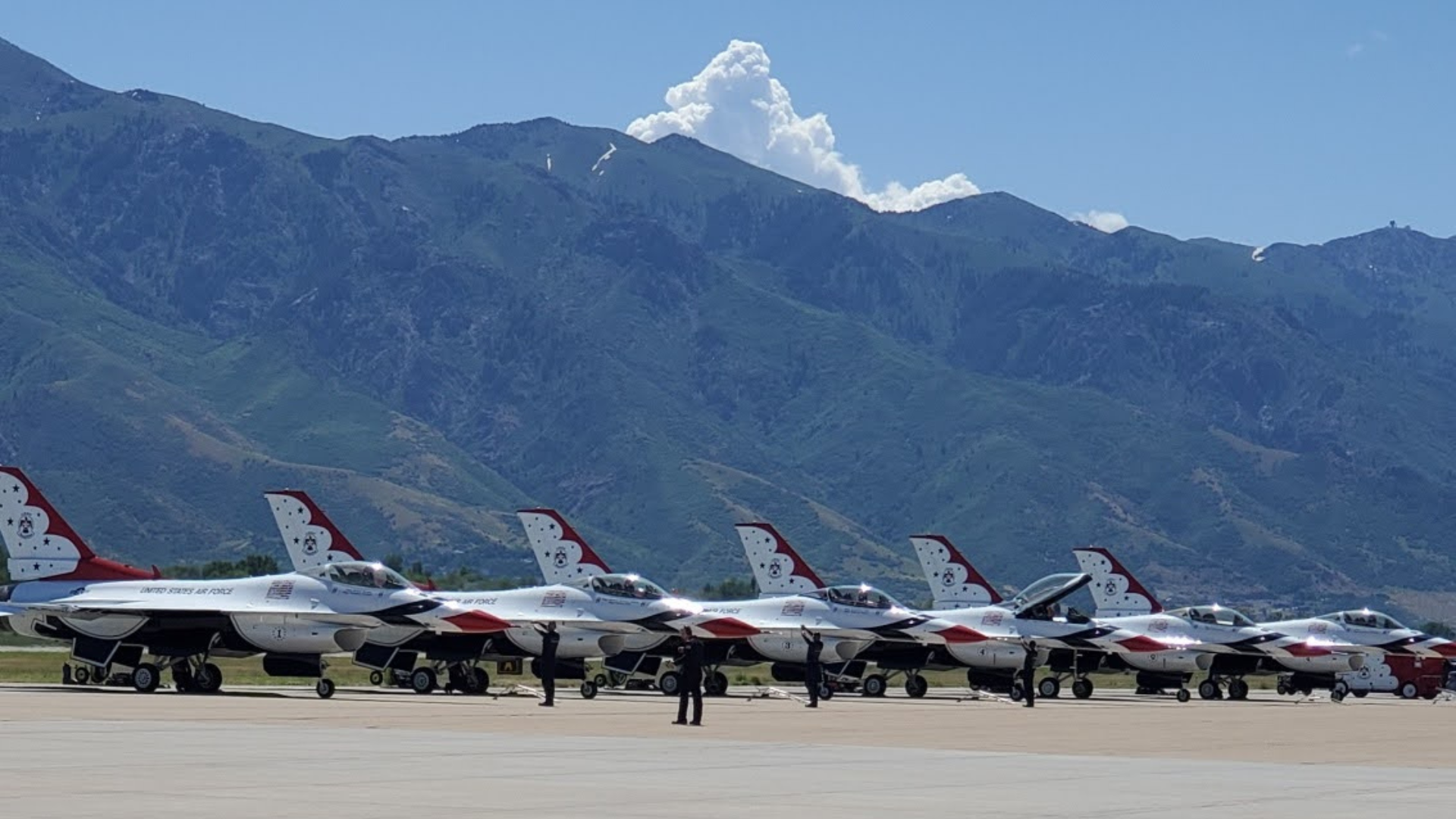 A row of fighter jets belonging to the Thunderbirds are pictured at the Air and Space show in Layto...