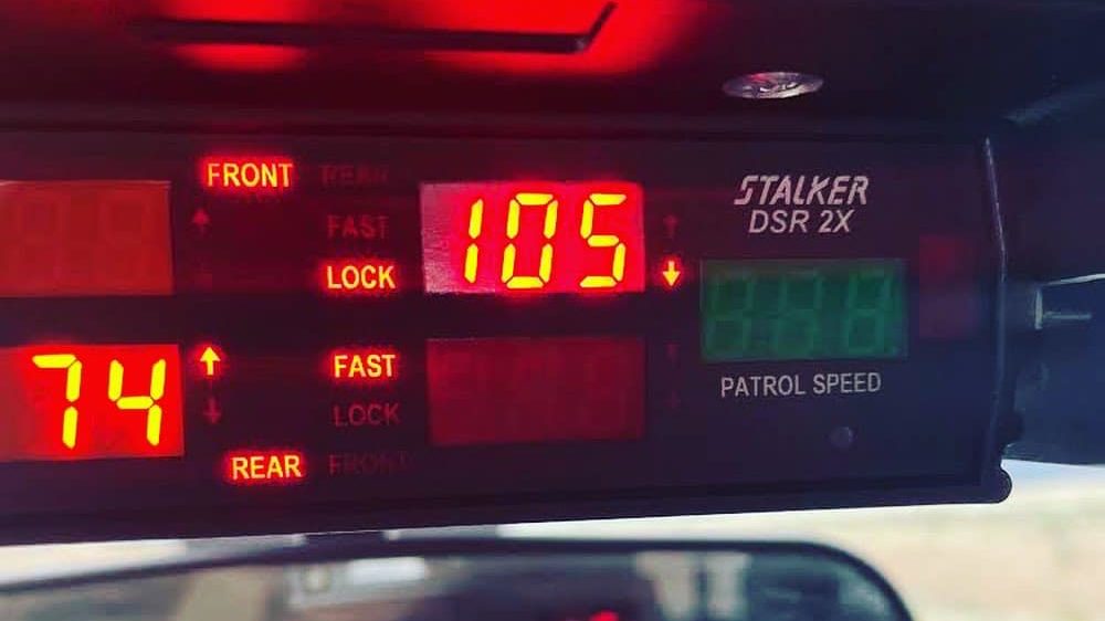A display showing a 105 mph speed. Utah speeding over 105 mph counts as reckless driving now....