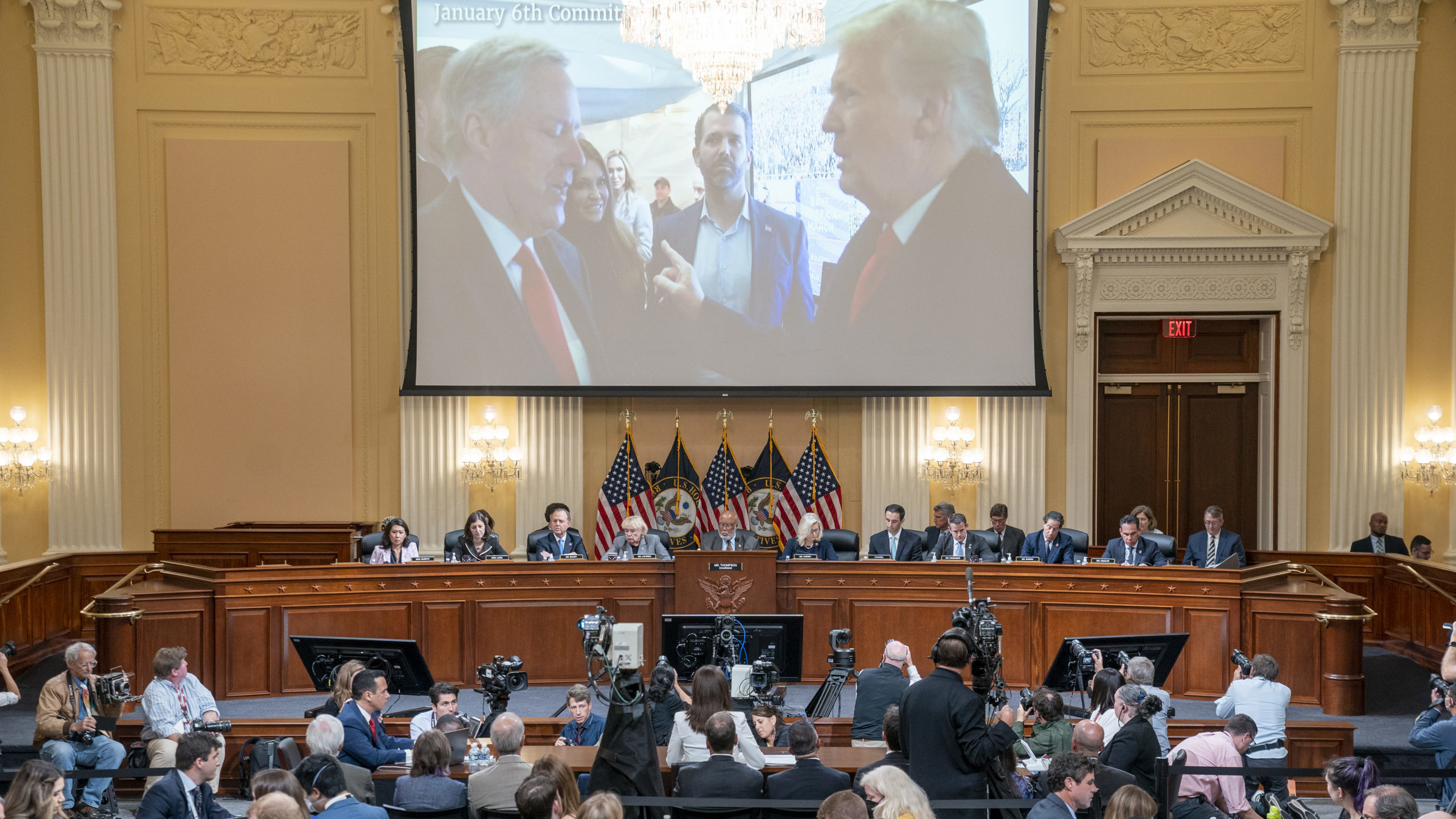 A image of former President Donald Trump talking to his chief of staff Mark Meadows is seen as Cass...