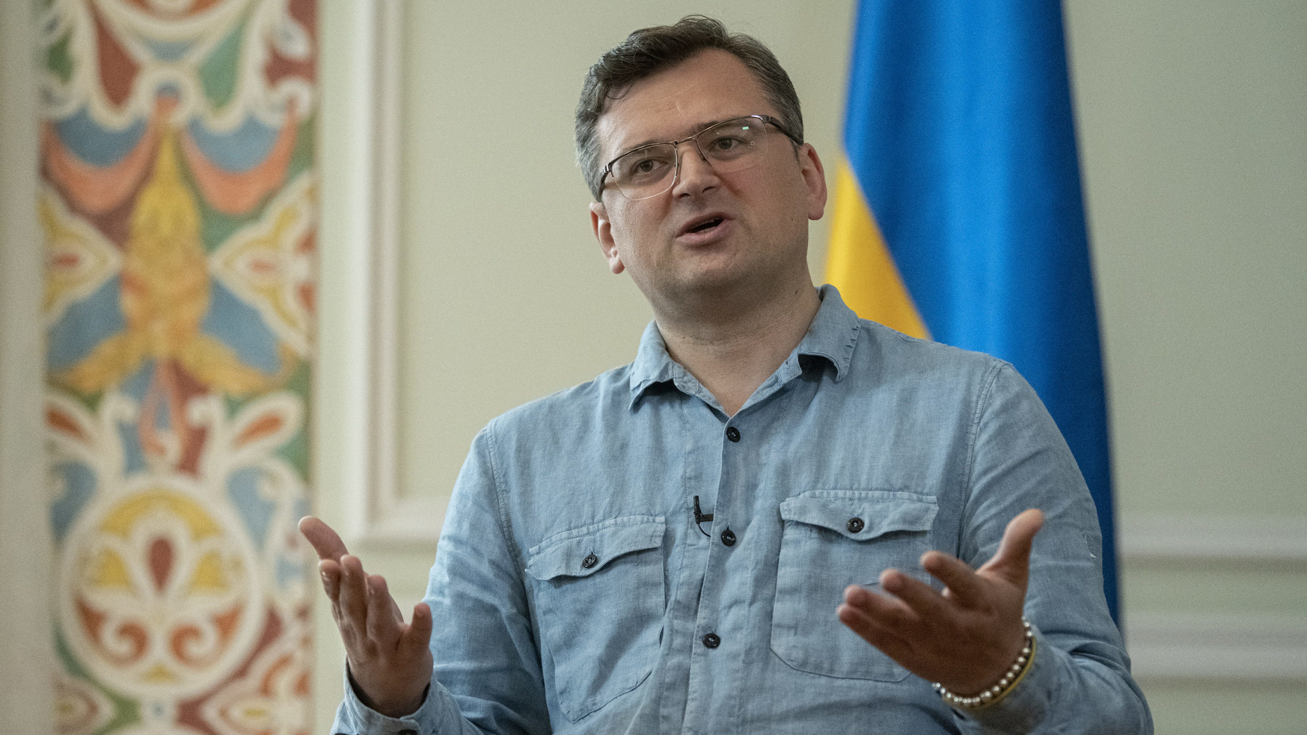 Ukrainian Foreign Minister Dmytro Kuleba speaks during his interview to The Associated Press in Kyi...