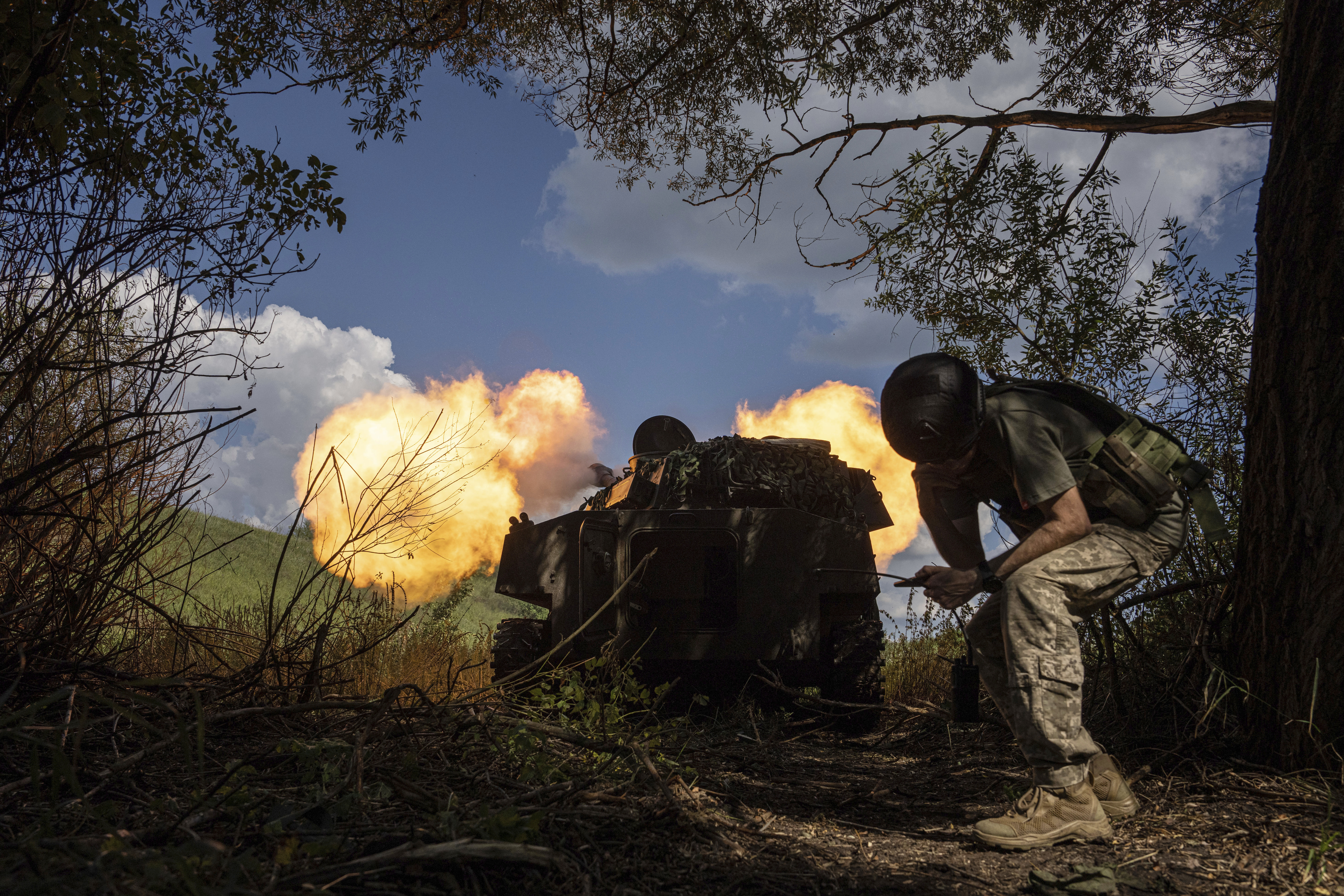 Ukrainian self-propelled artillery shoots towards Russian forces at a frontline in Kharkiv region, ...