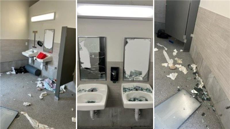 Photos of the vandalized bathroom at Ivory Ridge Splash Pad...