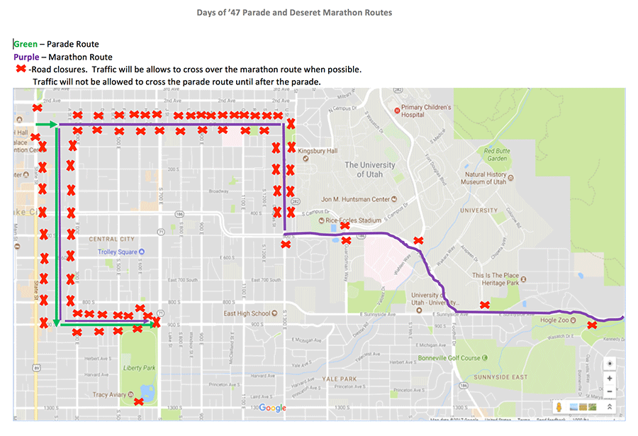 A map of the Days of '47 parade route through Salt Lake City is shown. Road closures and the marathon route are also marked.