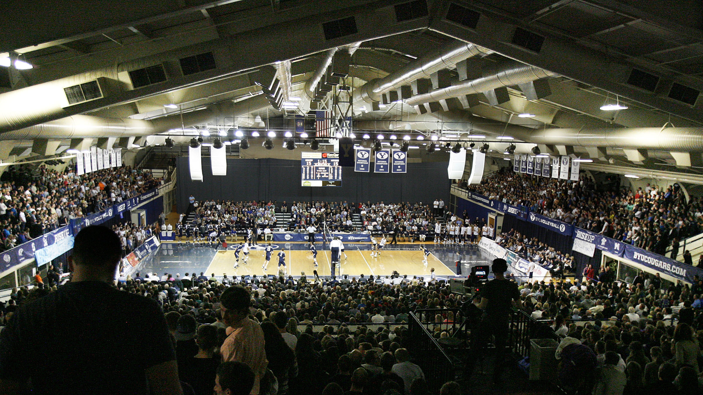 The Smith Fieldhouse is full as BYU faces UC Irvine in NCAA volleyball in Provo, Friday, Jan. 18, 2...