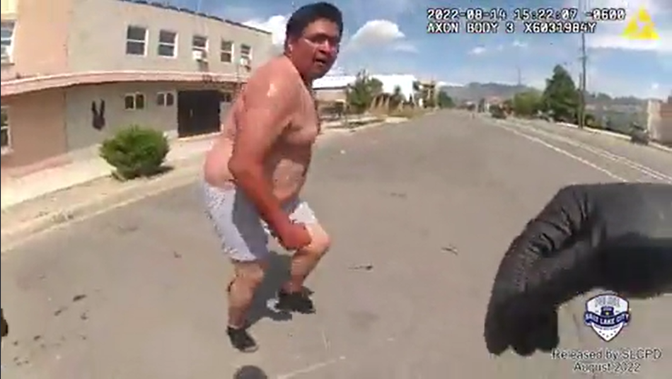 Screengrab of body-worn camera footage released by Salt Lake City Police involving the arrest of su...