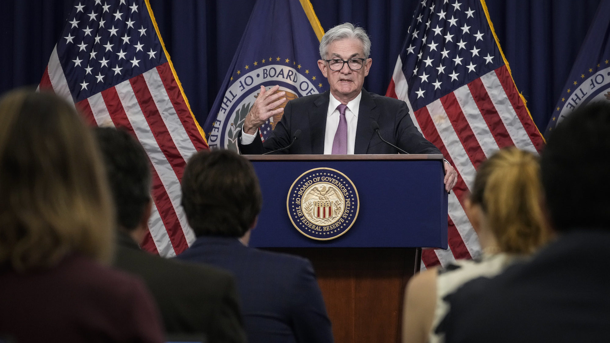 FILE: U.S. Federal Reserve Board Chairman Jerome Powell speaks during a news conference following a...