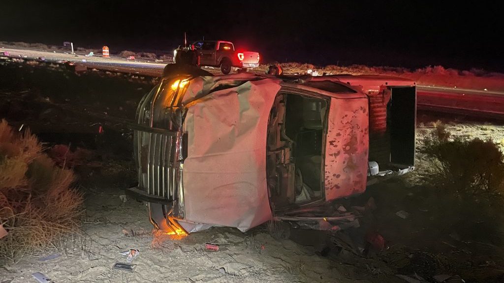 The overturned Dodge Ram truck involved in the crash is pictured in Kane County, Utah on Sept. 19, ...