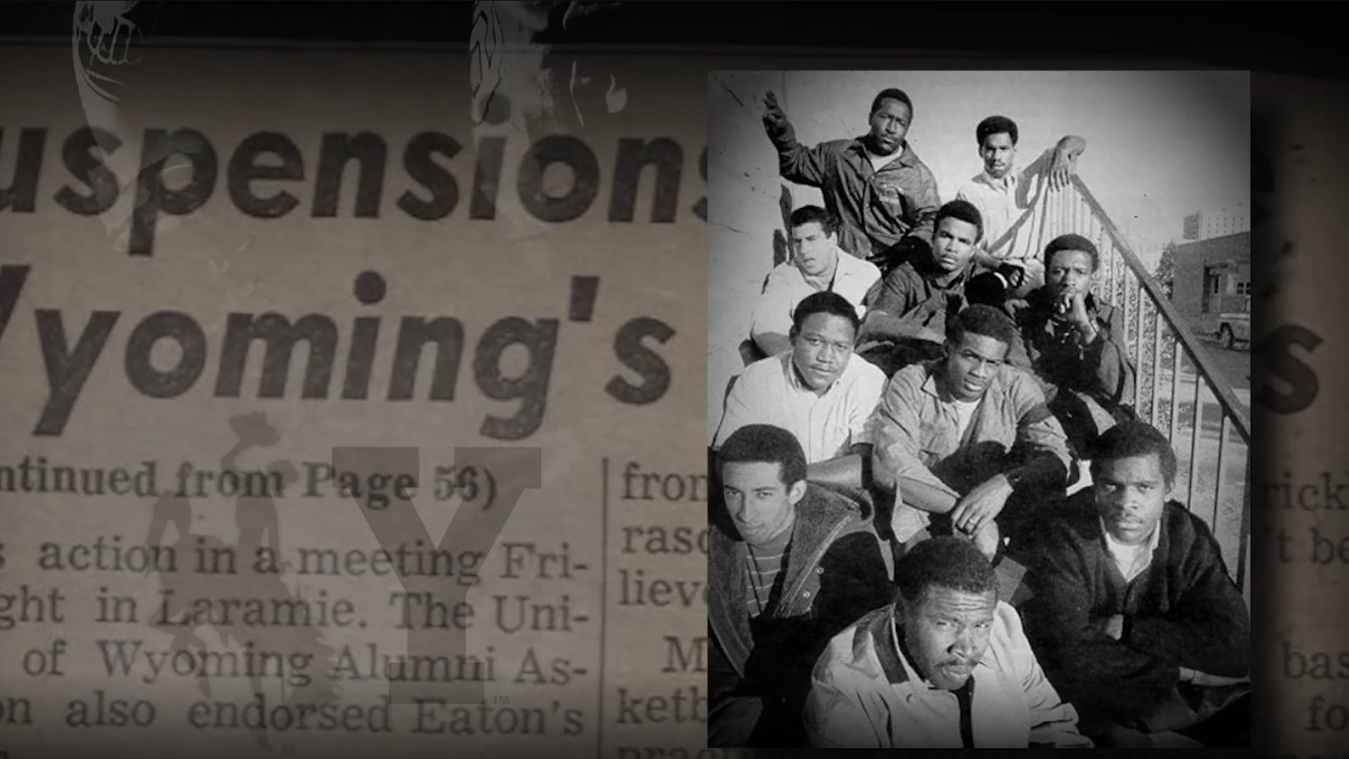 Screenshot from the BYU documentary about the Black 14. 10 of the players are pictured next to a ne...