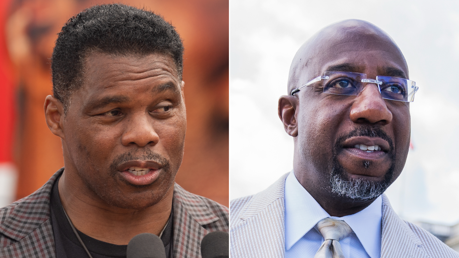 Herschel Walker, left, and Raphael Warnock are pictured in a split image. Photo credit: Getty image...