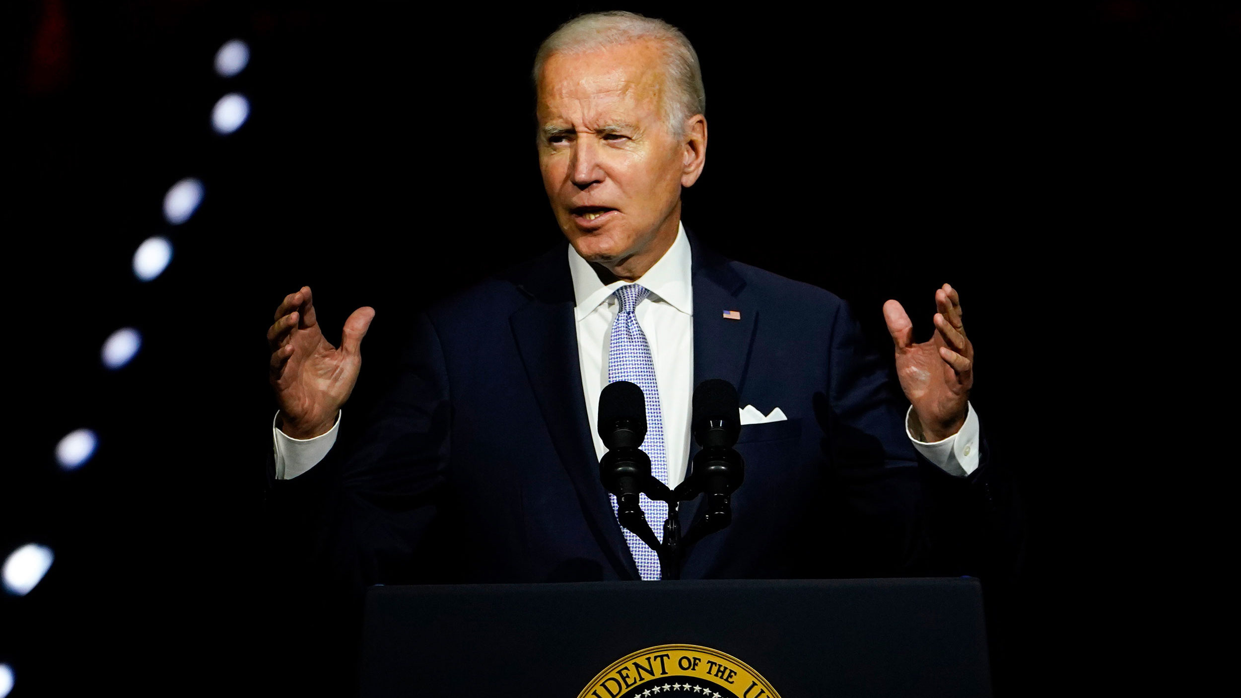 President Joe Biden speaks outside Independence Hall, Thursday, Sept. 1, 2022, in Philadelphia. (AP...
