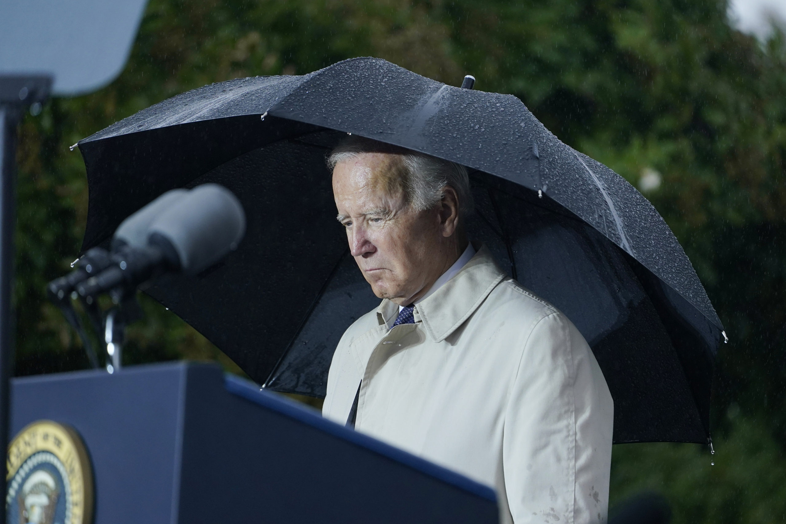 President Joe Biden stands during a moment of silence during a ceremony at the Pentagon in Washingt...