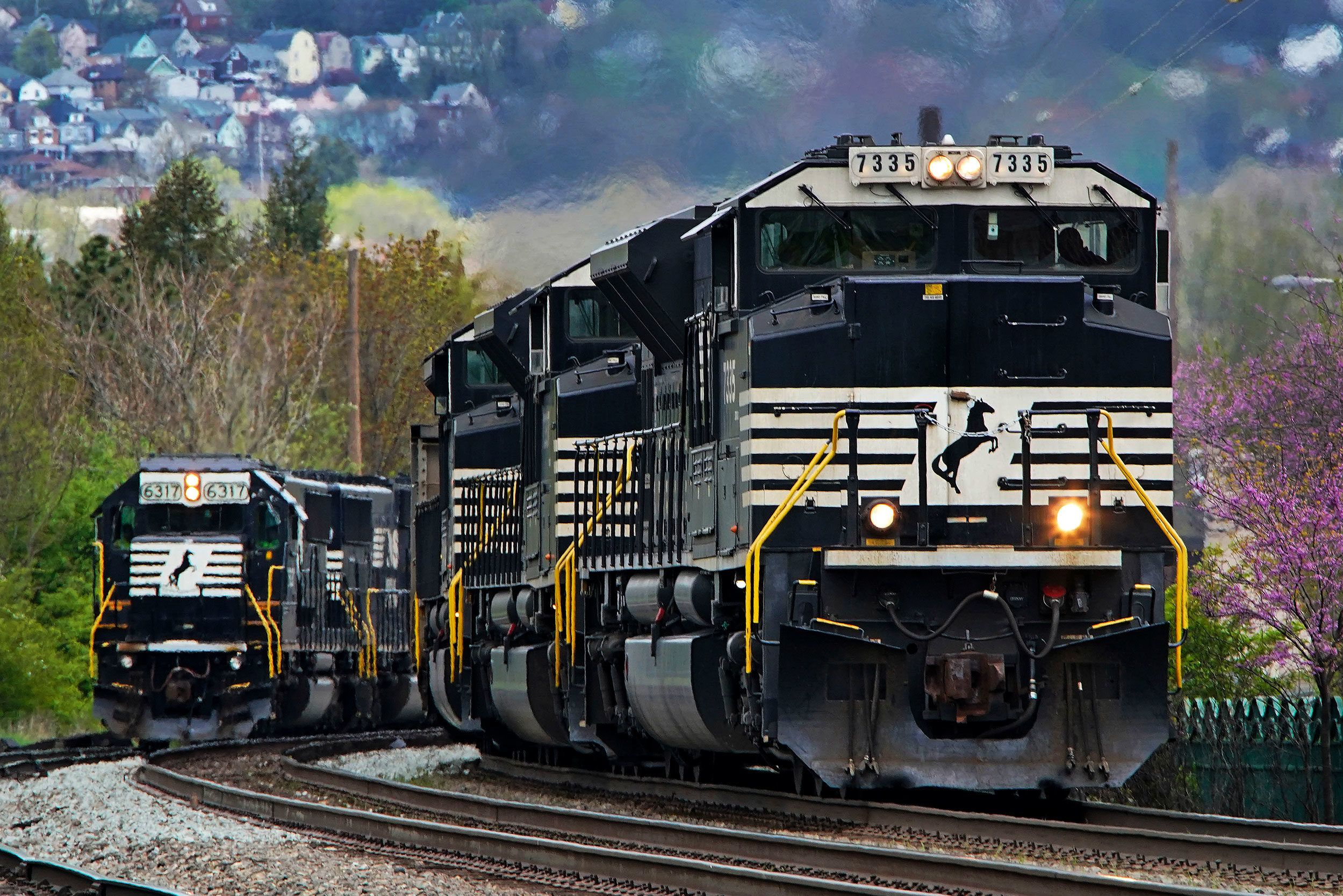 A Norfolk Southern freight train passes a train on a siding as it approaches a crossing in Homestea...
