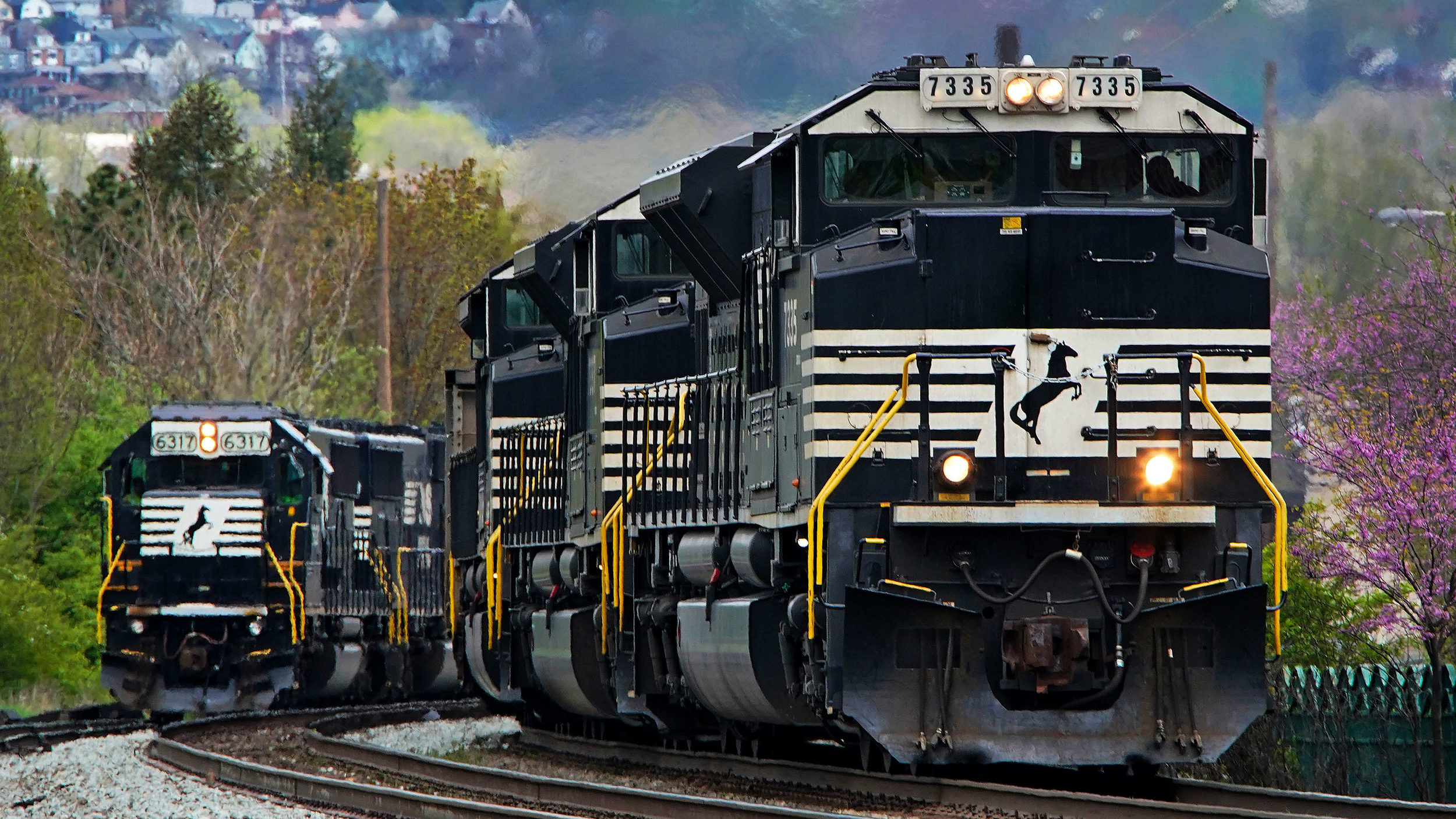 A Norfolk Southern freight train passes a train on a siding as it approaches a crossing in Homestea...