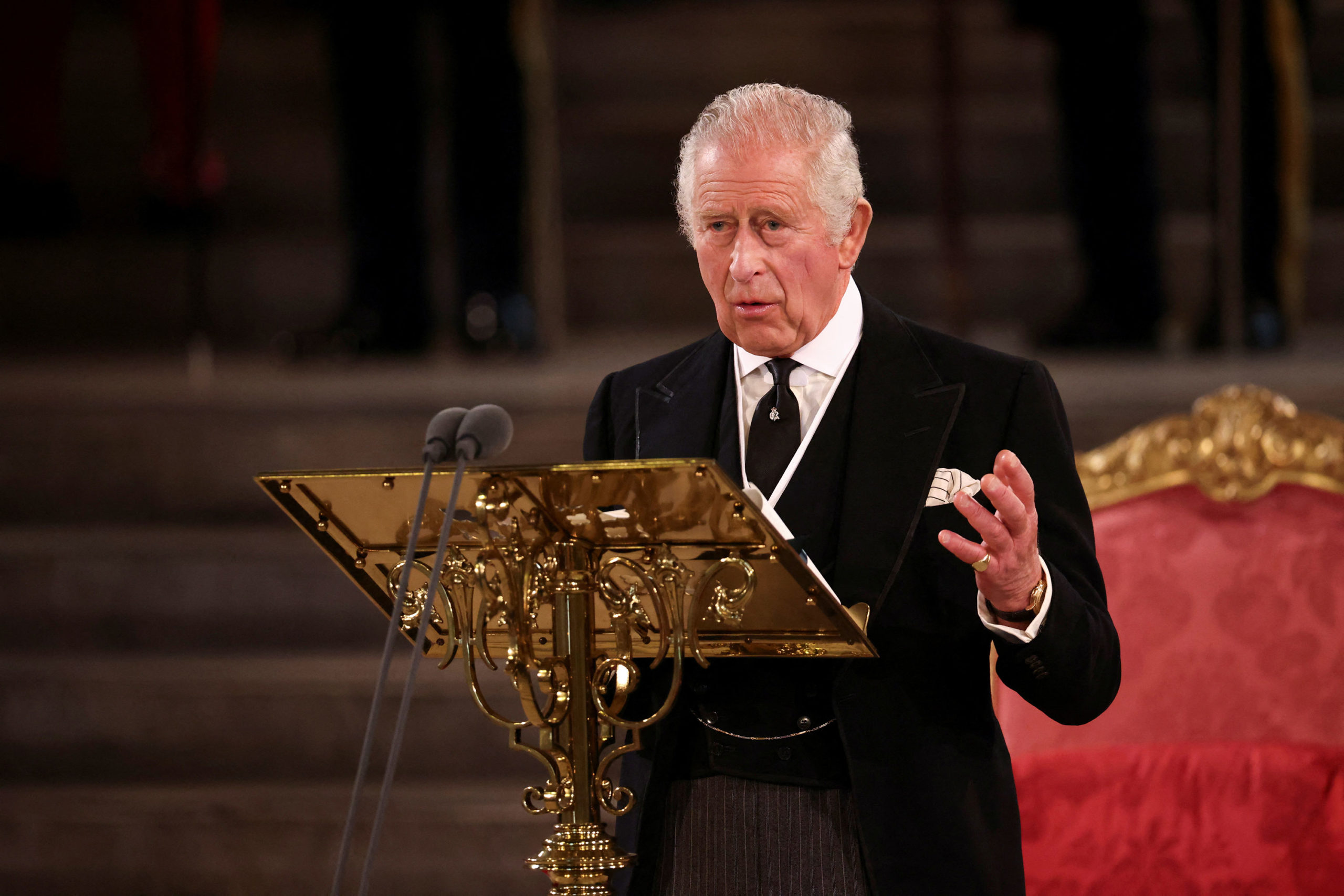 Britain's King Charles makes an address at Westminster Hall, following the death of Britain's Queen...
