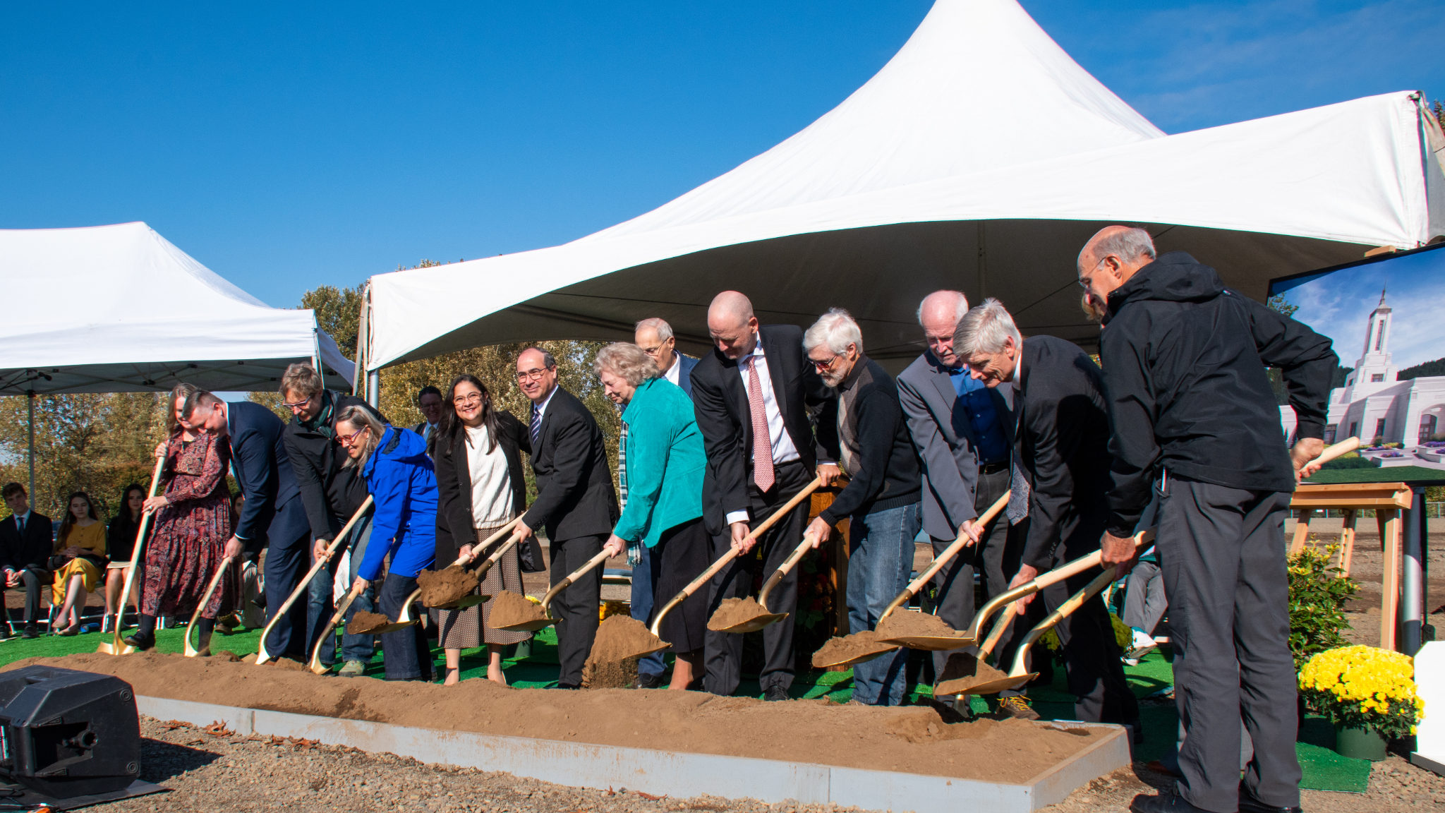 Invited guests participate in the ground-breaking ceremony for the Williamette Valley Oregon Temple...