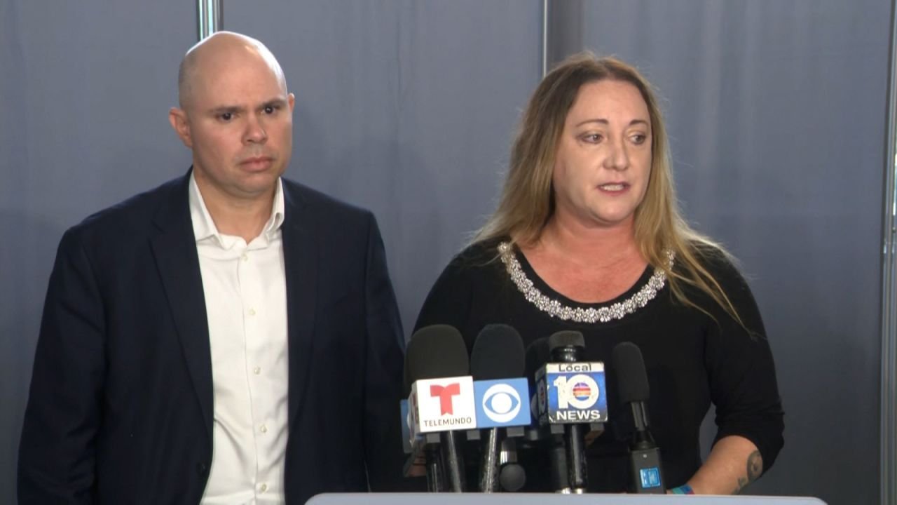 The parents of Alyssa Alhadeff speak at a press conference on Thursday, October 13....