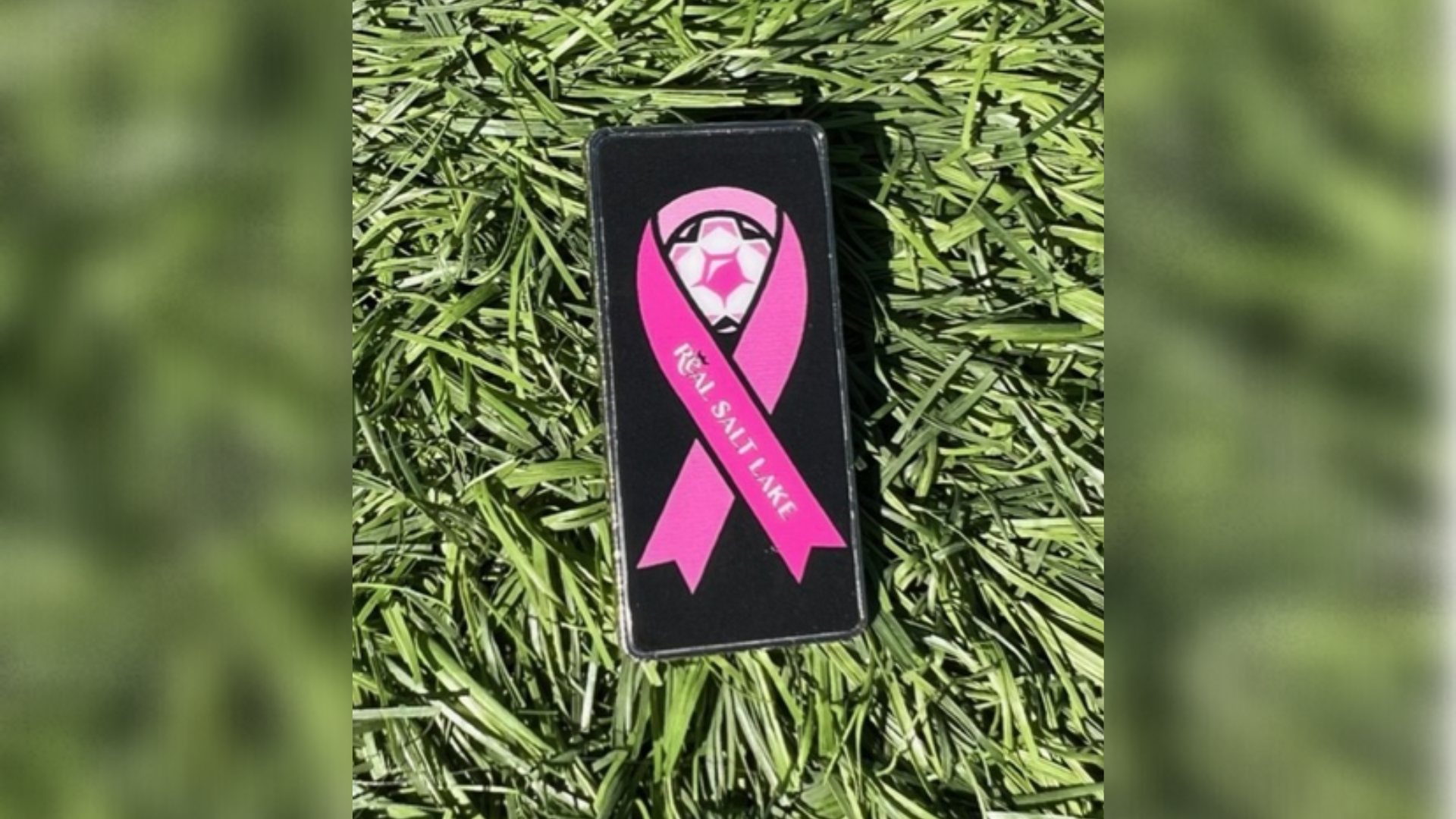 The RSL pin with a pink ribbon on it is pictured...