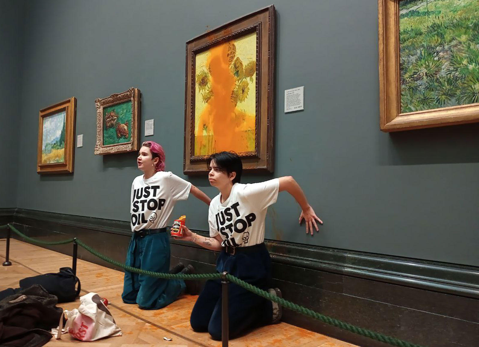 In this image, two women protestors are seen standing in front of Van Gogh's "Sunflowers" (Photo co...