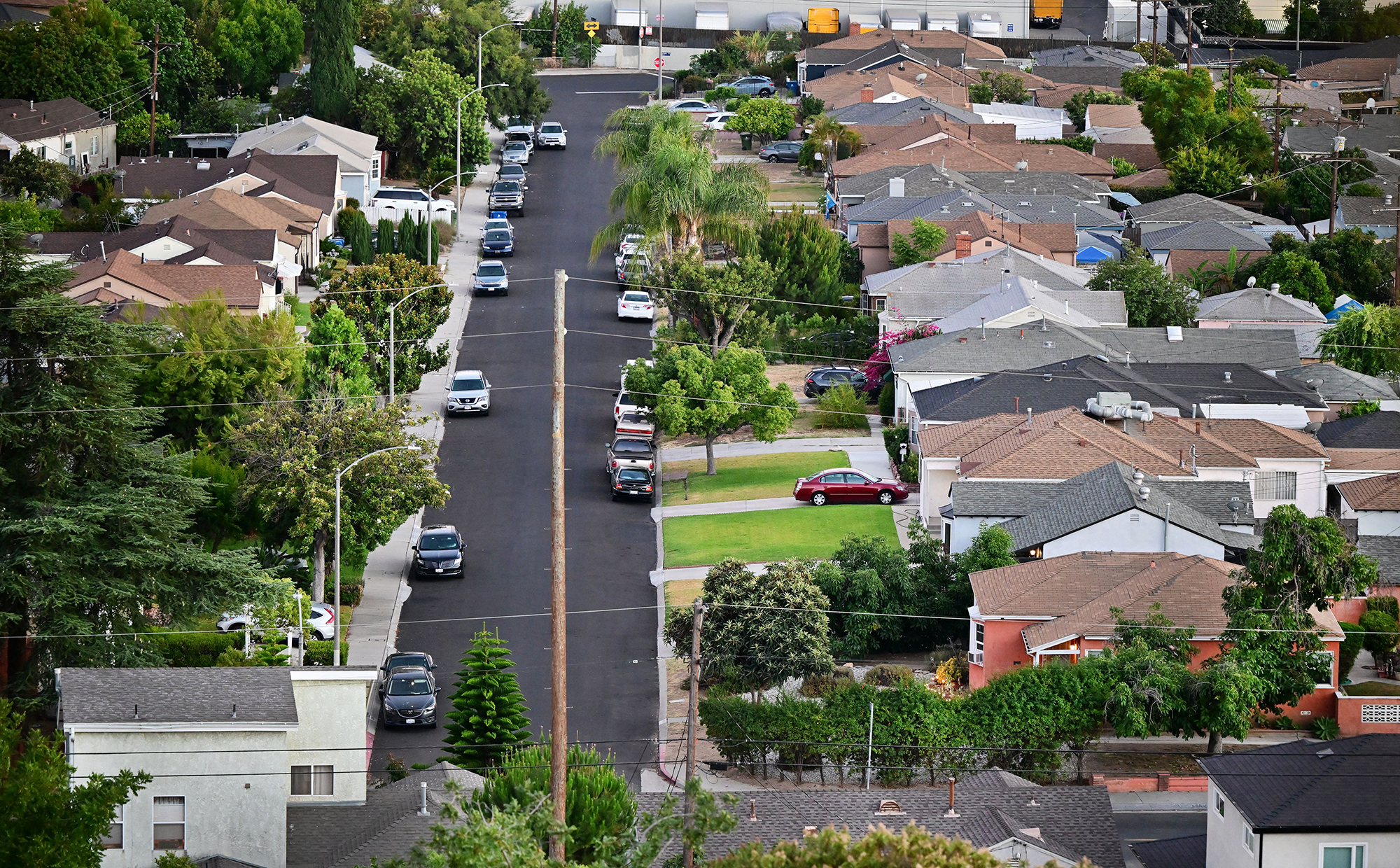 A view of houses in a neighborhood in Los Angeles, California, on July 5, 2022. - While two years o...