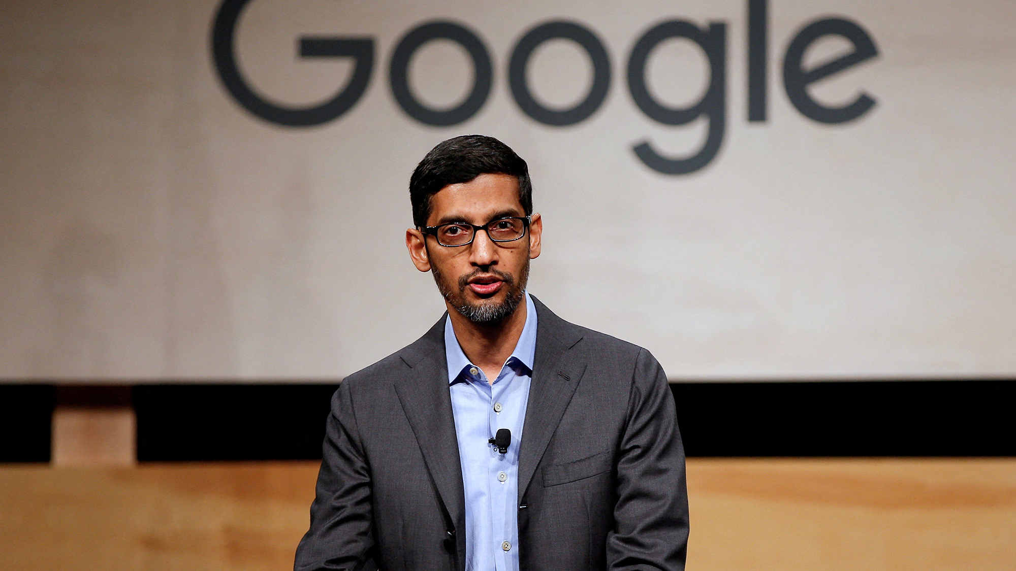 Google CEO Sundar Pichai speaks during a signing ceremony in Dallas, Texas, in October 2019. Google...