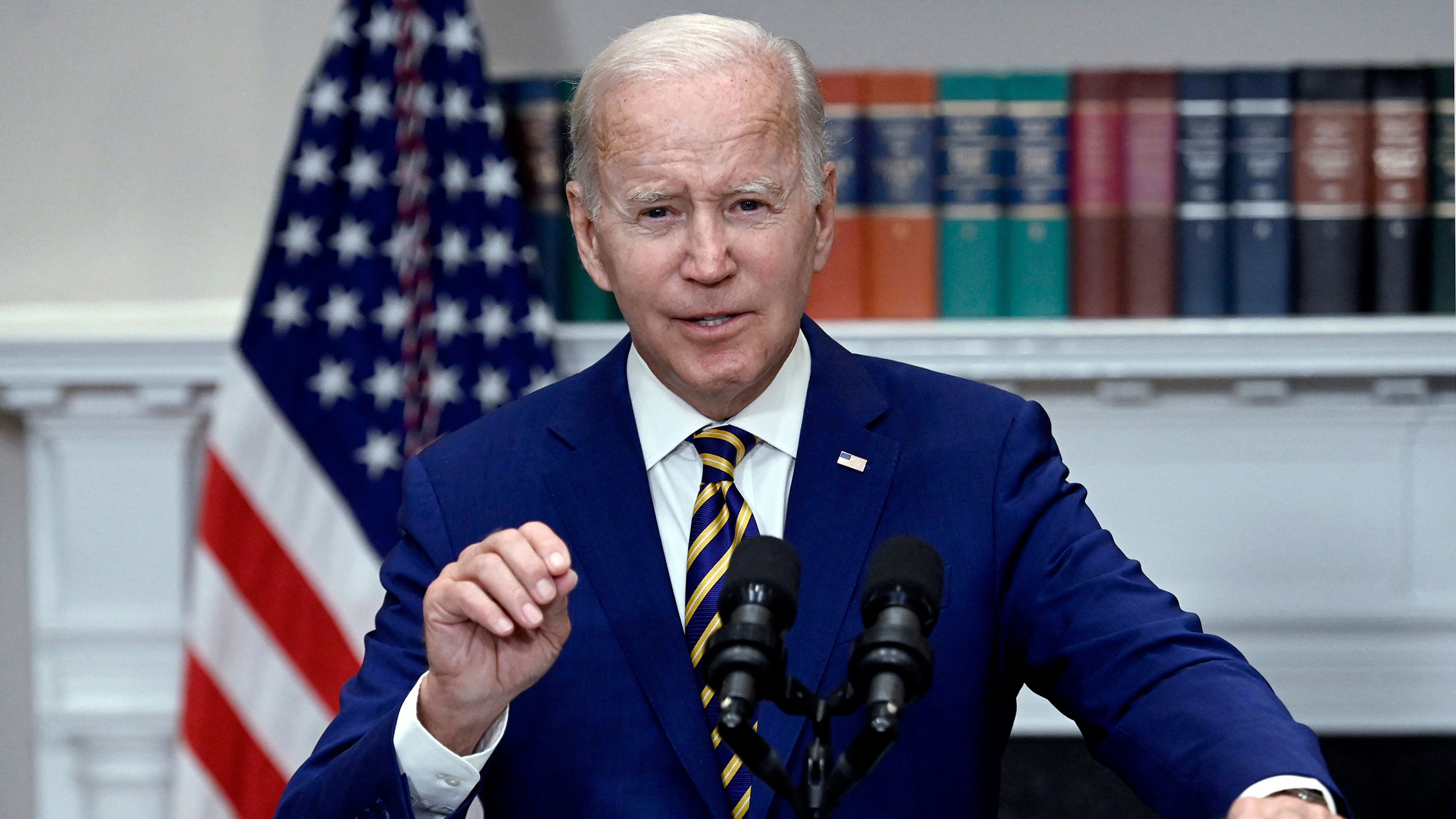 US President Joe Biden announces student loan relief on Aug, 24, 2022, in the Roosevelt Room of the...