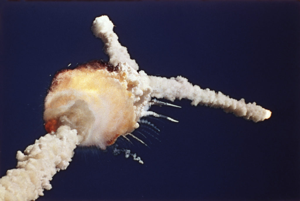 The Space Shuttle Challenger explodes not long after takeoff on Jan. 28, 1986.
