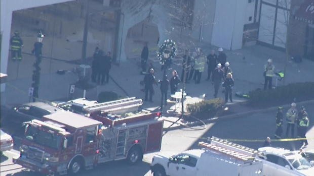 A car crashed into an Apple store in Hingham on Monday. Photo credit: WBZ....