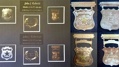 Old SLCPD police badges and pins are pictured...