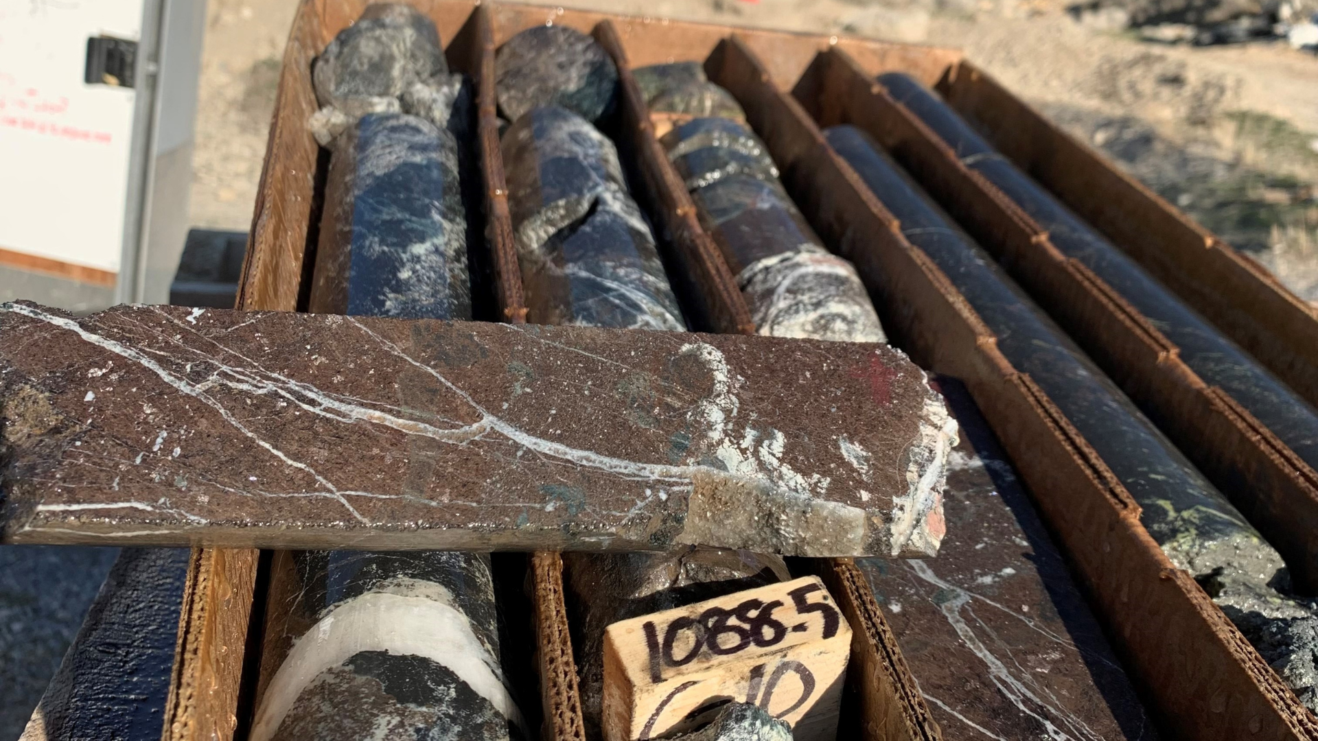 Drill core from 2022 exploration at West Desert, Utah. Sphalerite, shown here, is known for contain...