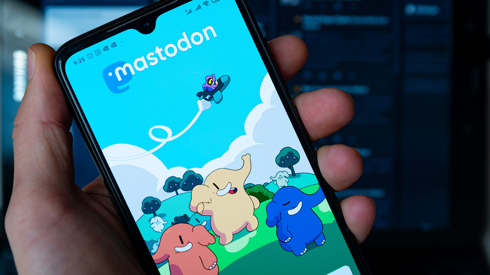 Image of a cell phone displaying new social media app called Mastodon, which is described as an alt...