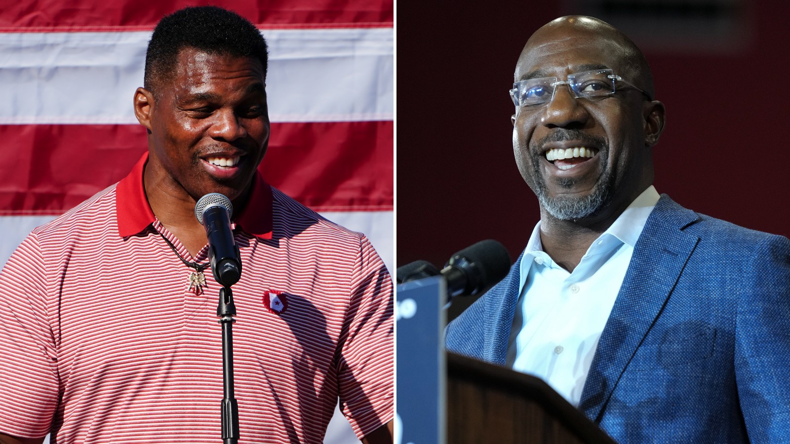 Side by side image of Herschel Walker and Raphael Warnock, the candidates for U.S. Senate running i...