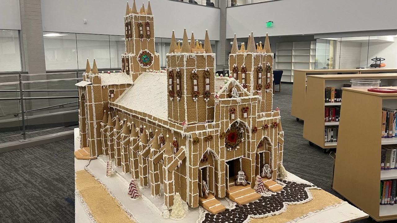 At Bingham High School, three seniors made a Cathedral Gingerbread House for extra credit which is ...