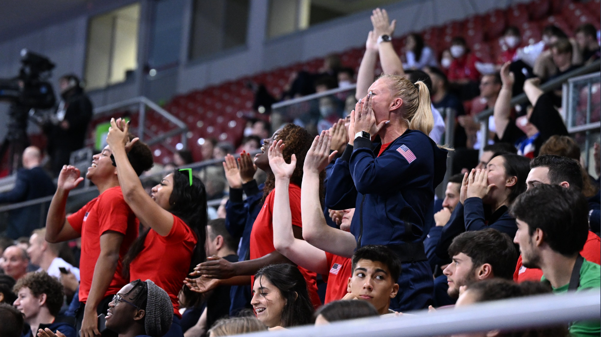 Team USA gymnasts cheer from stands, four utah kids competed in international gymnastics competitio...